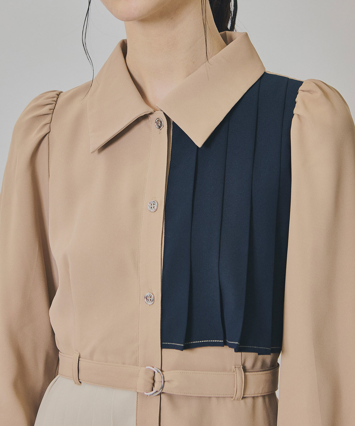 カラーブロックパネルアシメプリーツワンピース