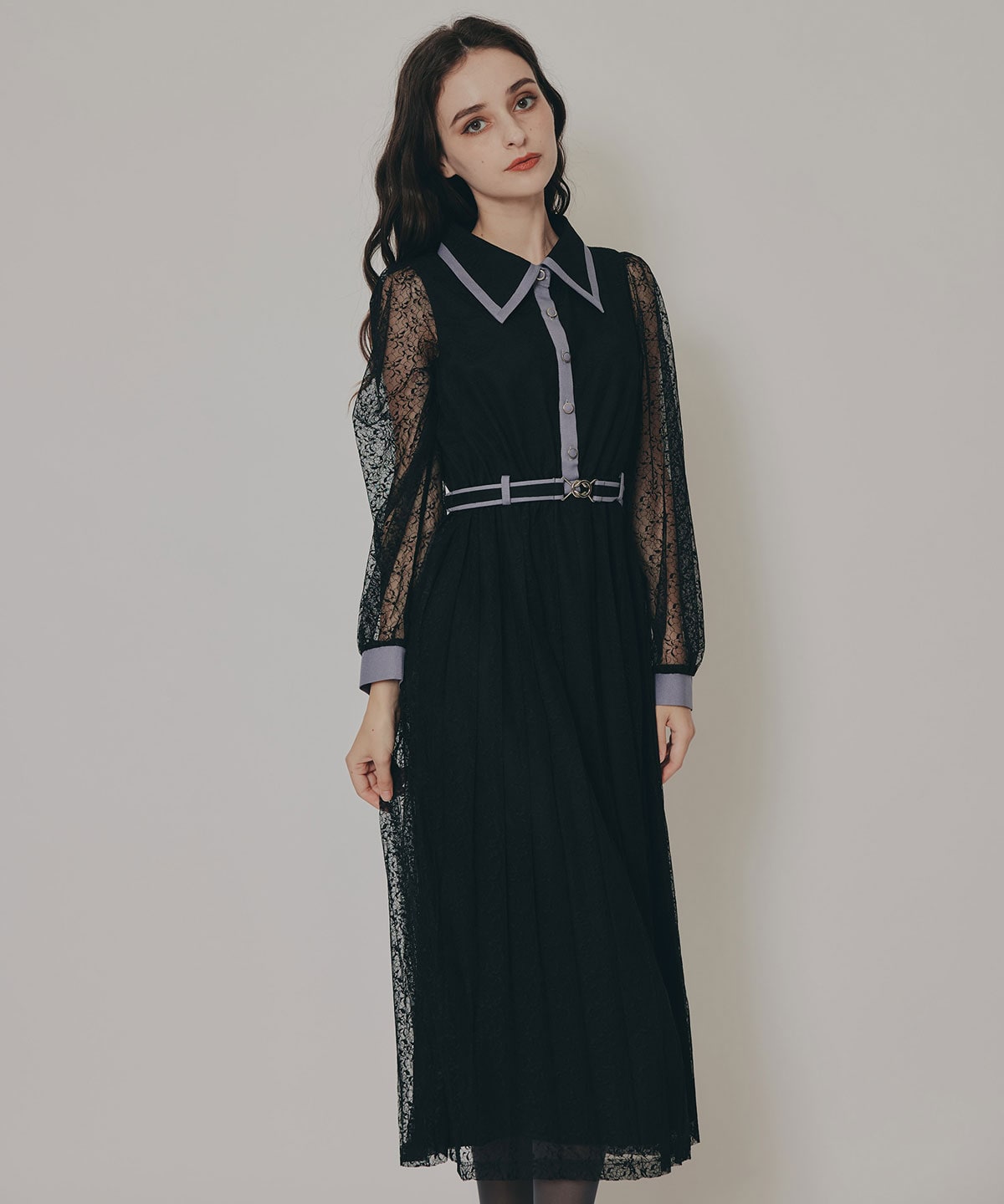 バイカラーレースプリーツロングスリーブワンピース