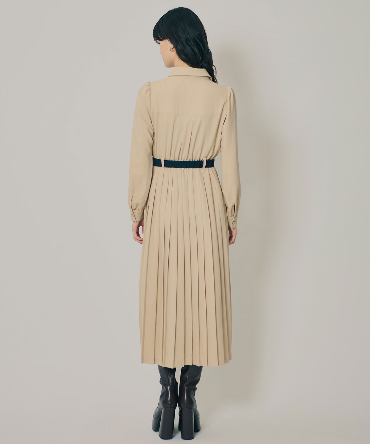 プリーツボウタイシャツロングワンピース