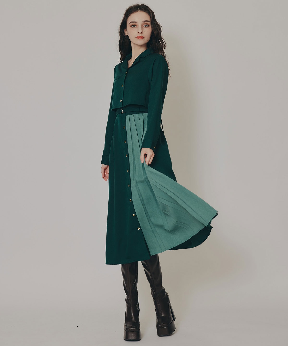 バイカラーアシメプリーツロングスリーブシャツワンピース