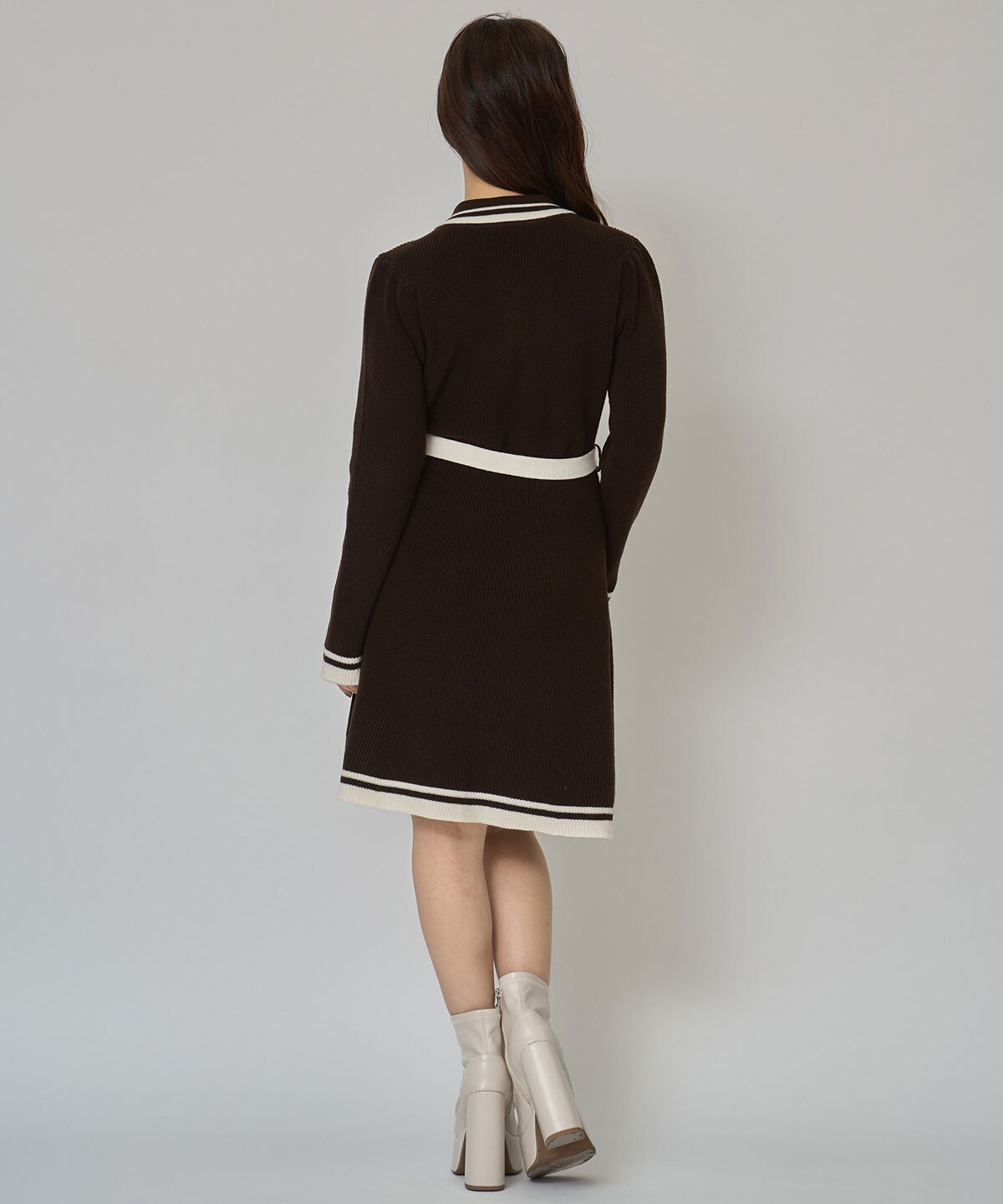 バイカラーポロニットロングスリーブミニワンピース