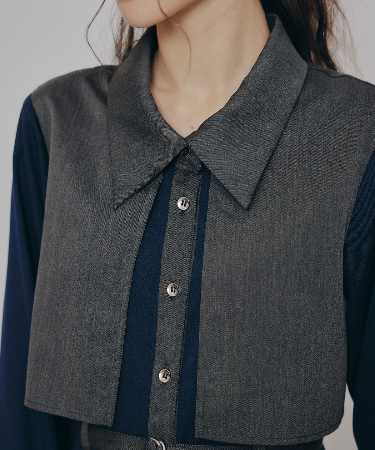 カラーブロッキングシャツロングフレアワンピース