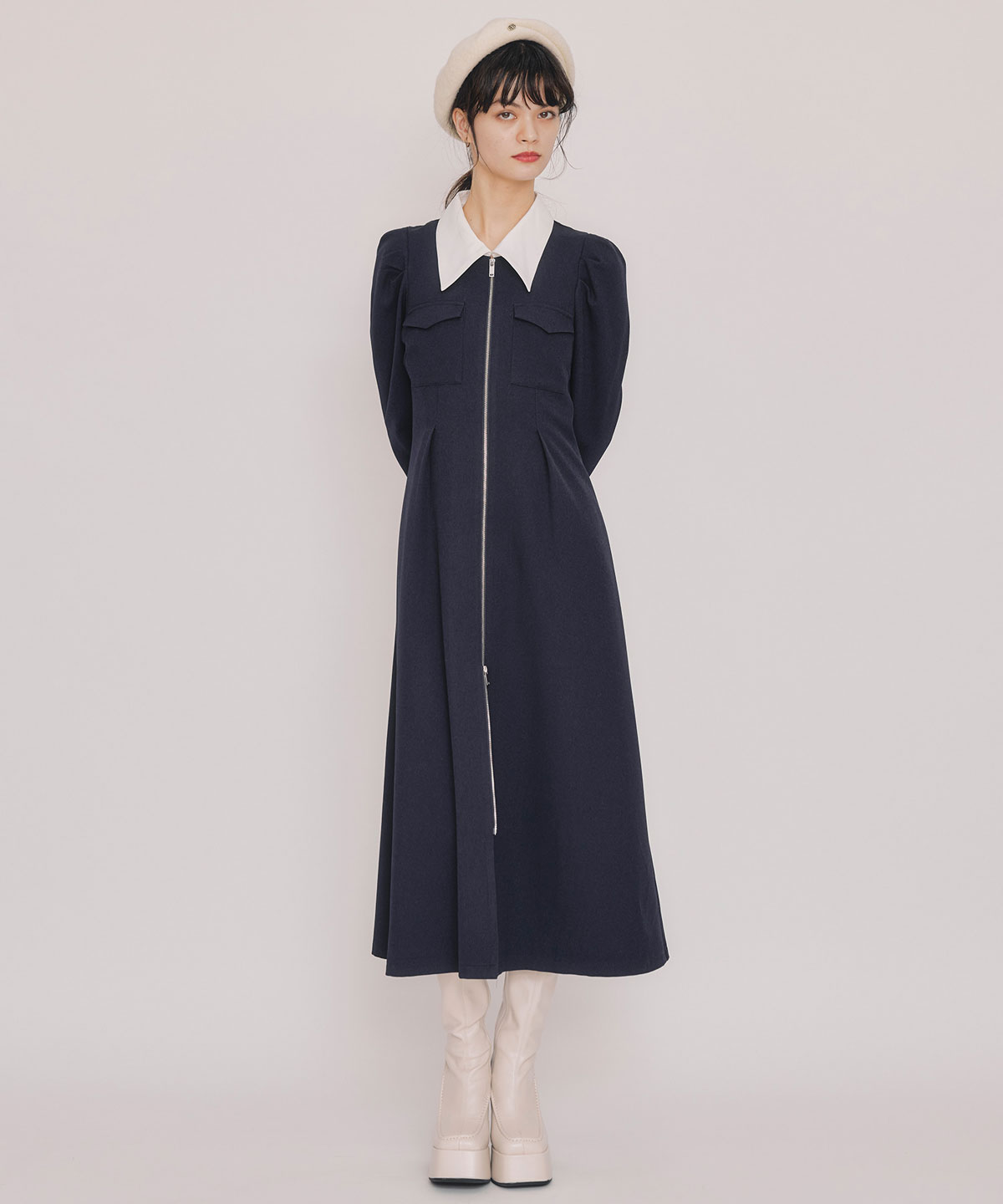 フロントZIPバイカラーロングワンピース
