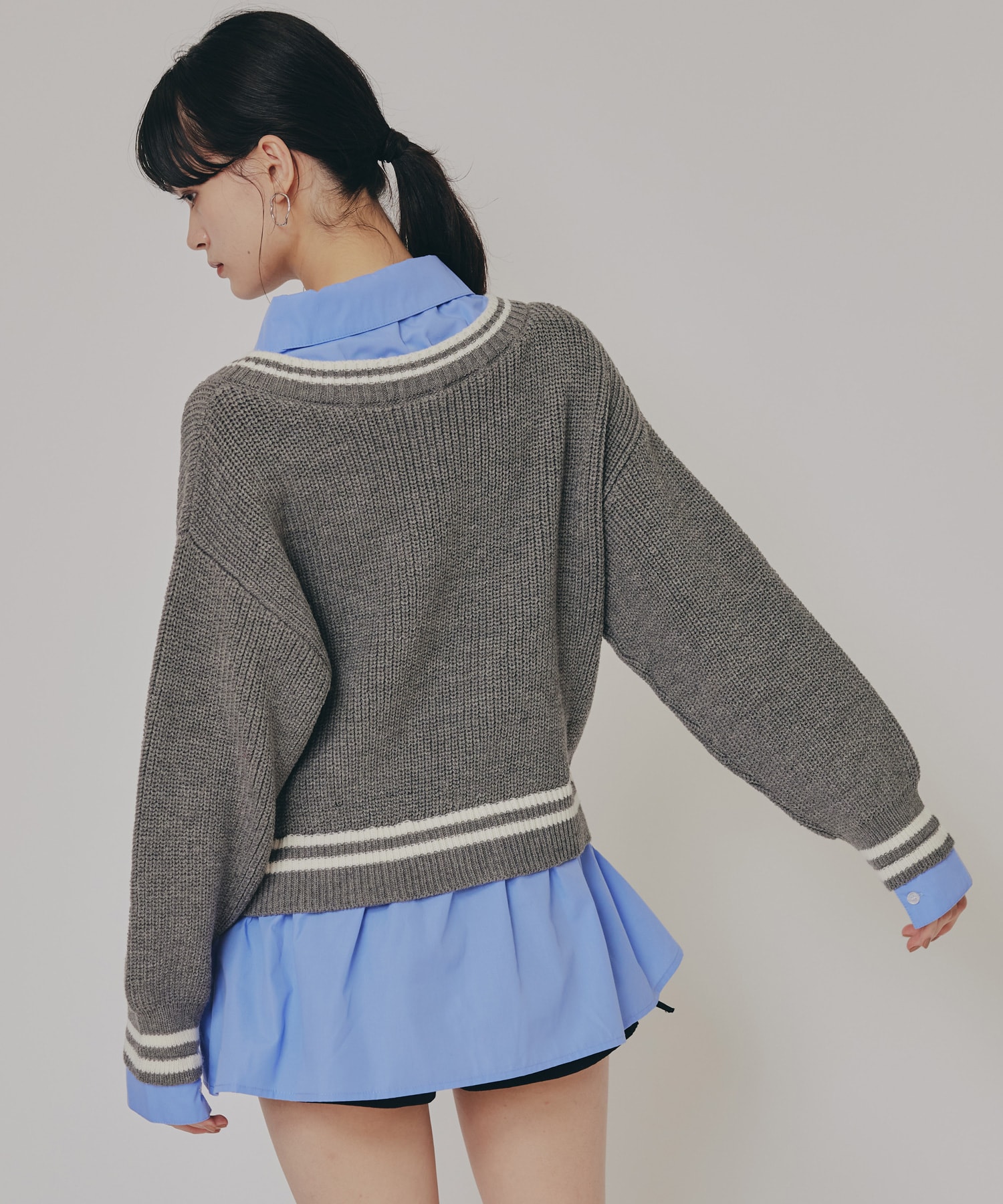 レイヤードシャツドッキングニットプルオーバー