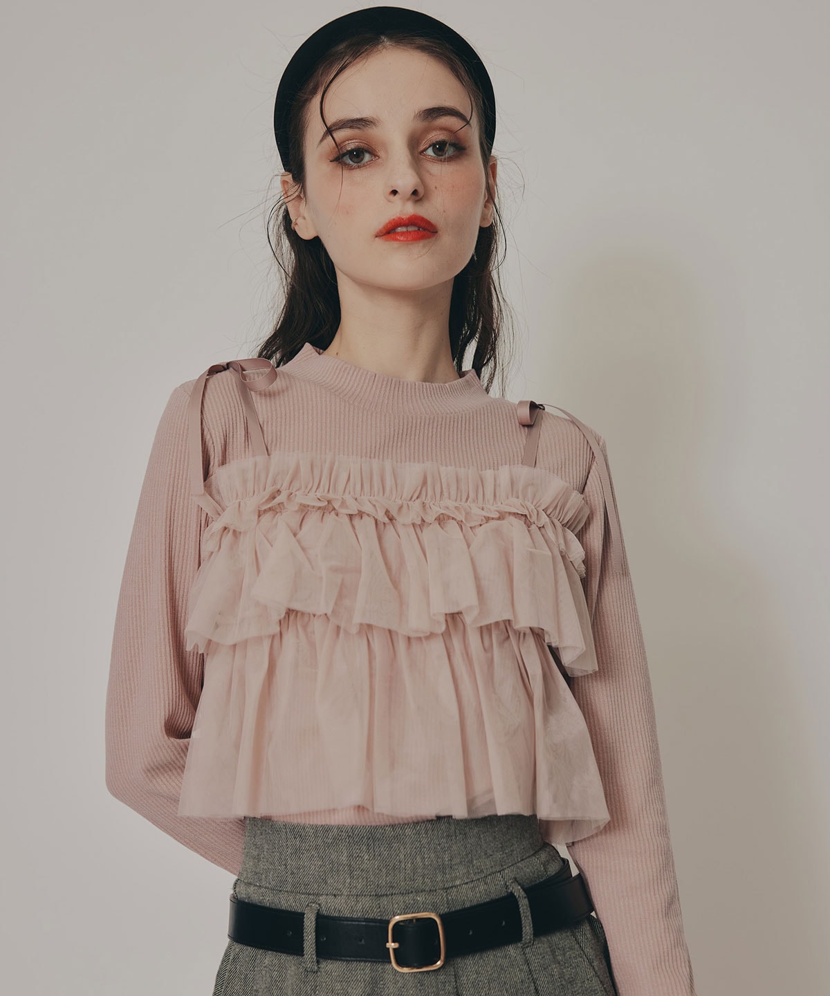 リボンチュールフリルビスチェニットトップス