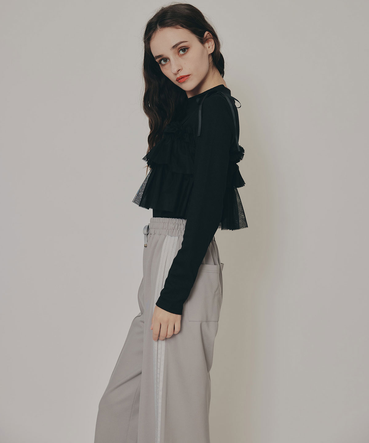 リボンチュールフリルビスチェニットトップス