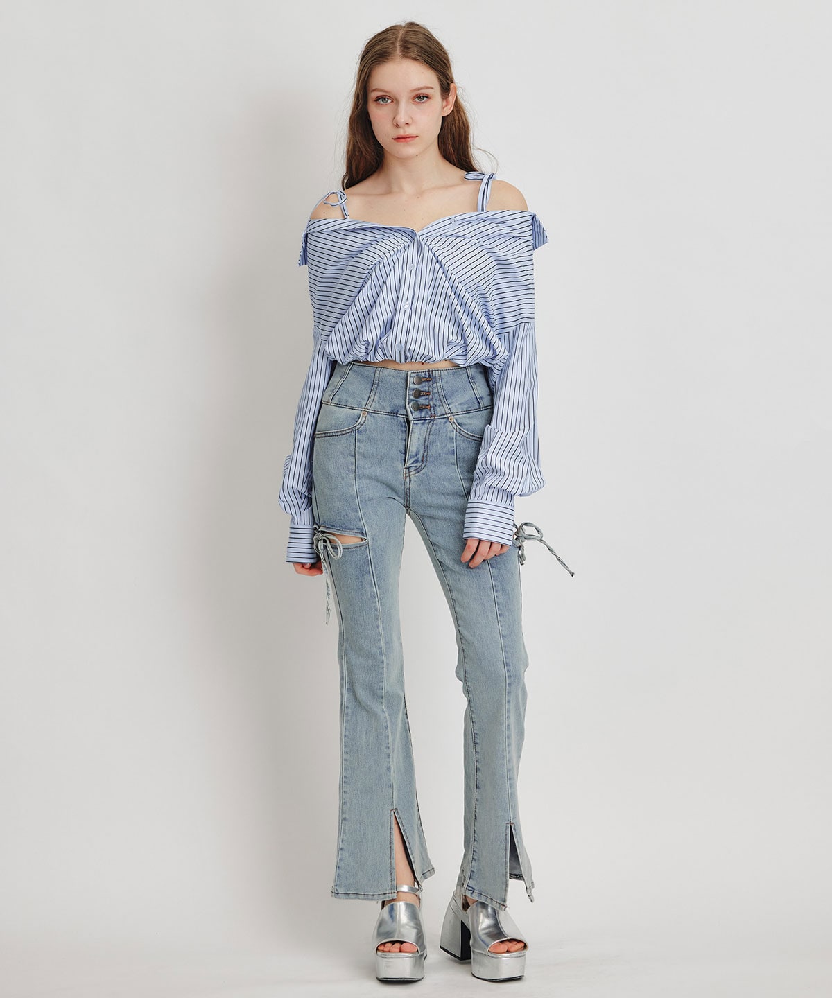 ベアレイヤードストライプバルーンオフショルブラウス