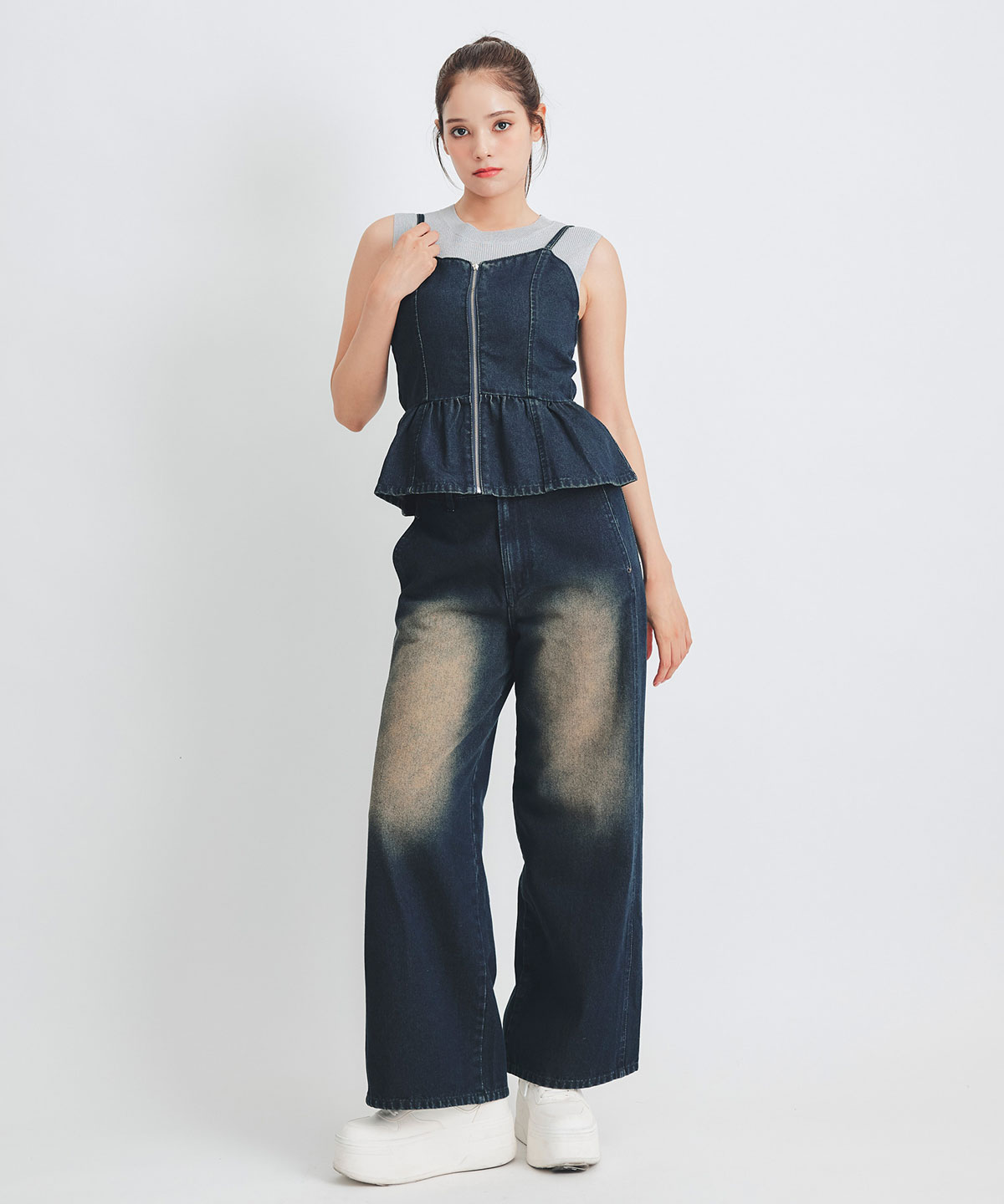 【Vintage Denim Series】ヴィンテージウォッシュバックレースアップデニムビスチェ