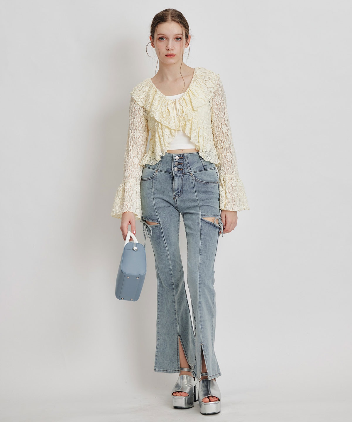 レースフリルカラーショートカーディガン