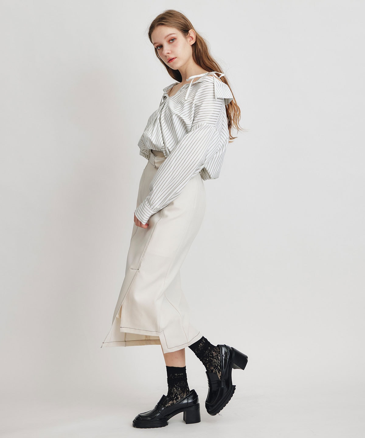 バイカラーステッチカッティングハイウエストタイトロングスカート