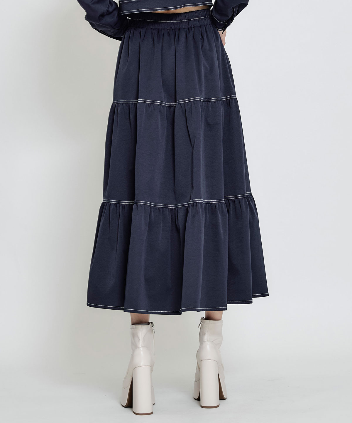 【セットアップ可能】バイカラーステッチティアードロングスカート