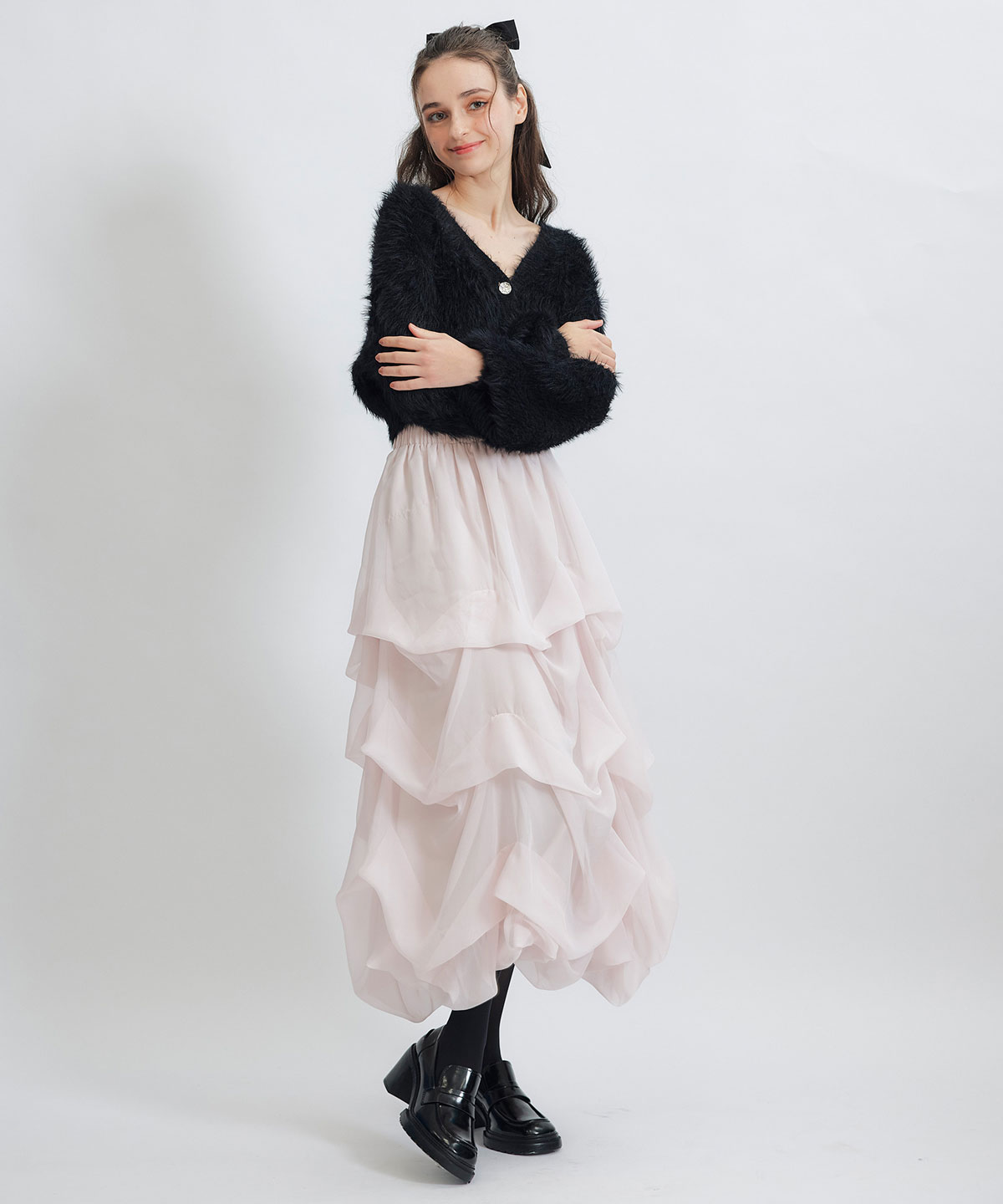 タックバルーンボリュームシフォンロングスカート