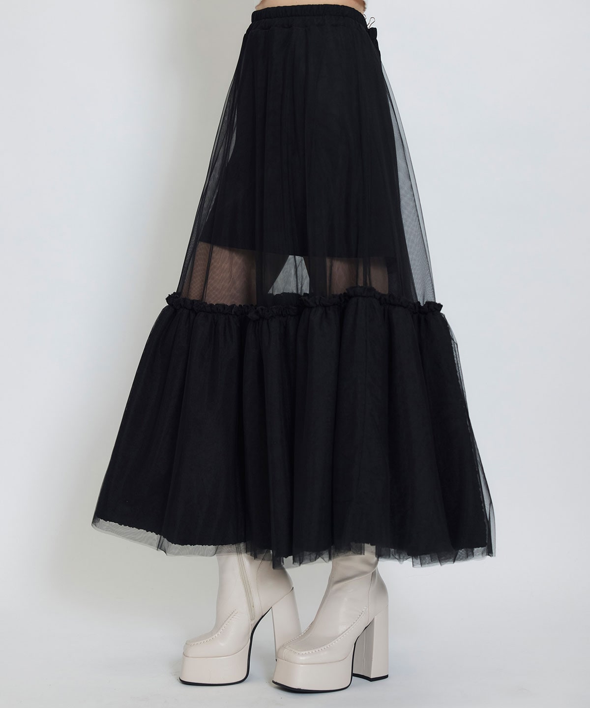 ボリュームシアーチュールフレアロングスカート
