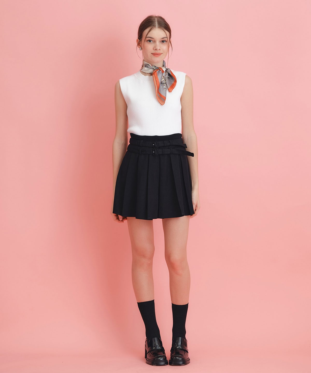 ウエストリブダブルベルトプリーツミニスカート