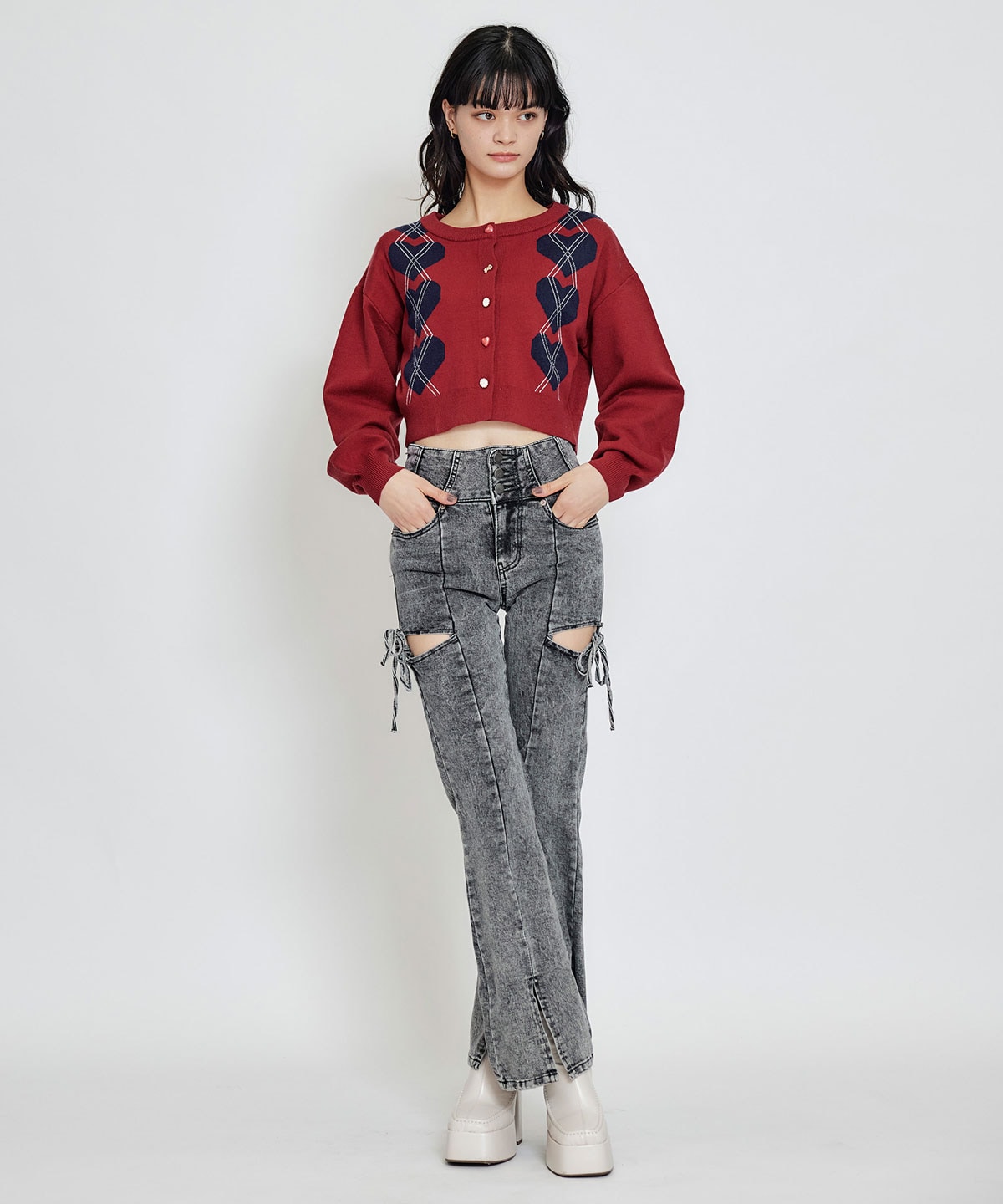 カットアウトリボンストレッチデニム