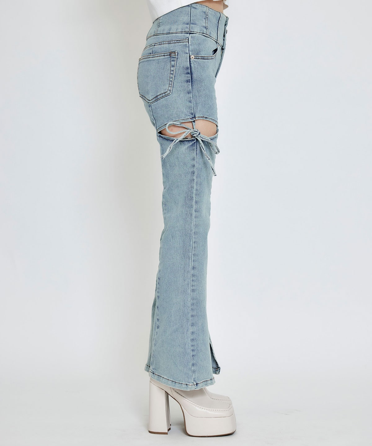 カットアウトリボンストレッチデニム