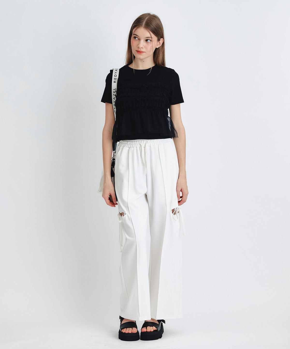 サイドカッティングリボンワイドパンツ