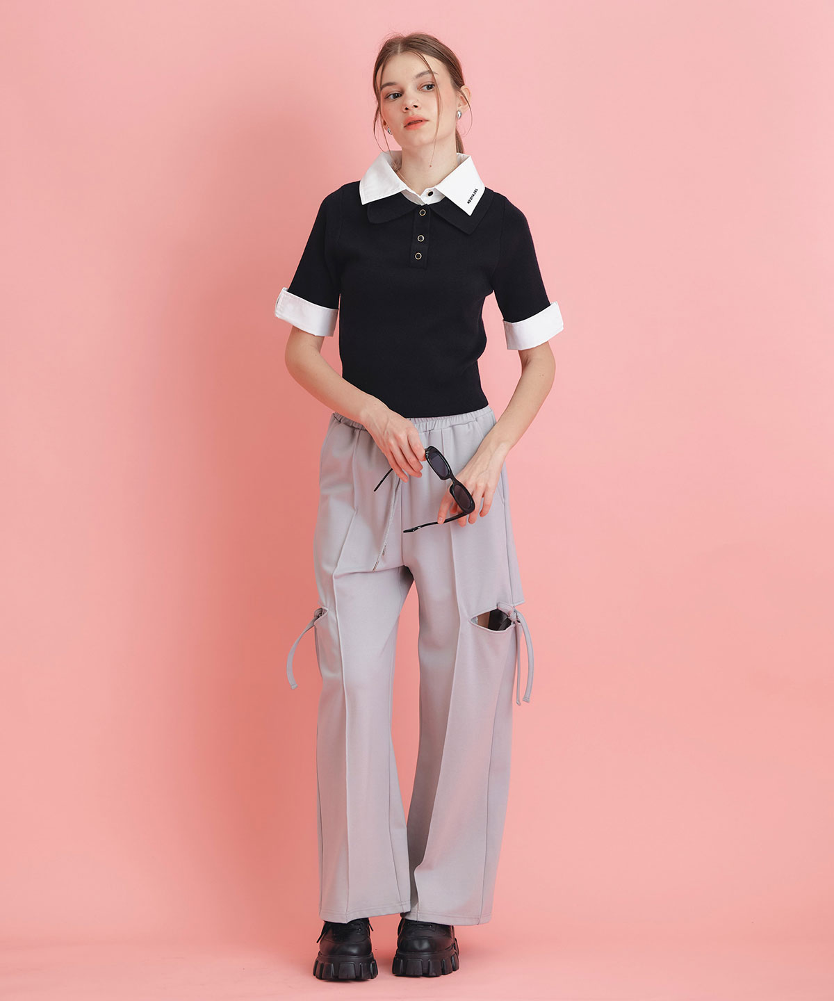 サイドカッティングリボンワイドパンツ