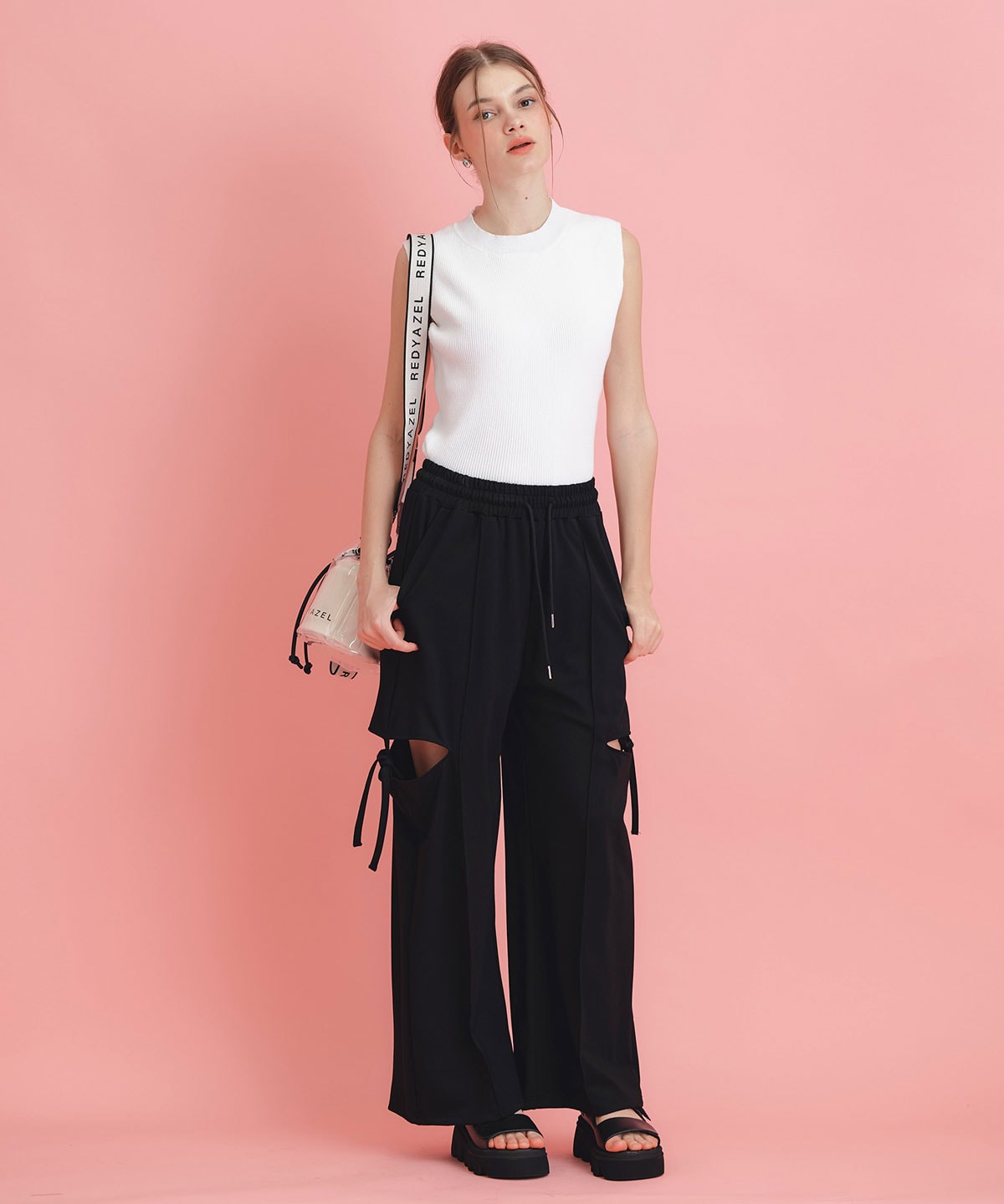 サイドカッティングリボンワイドパンツ