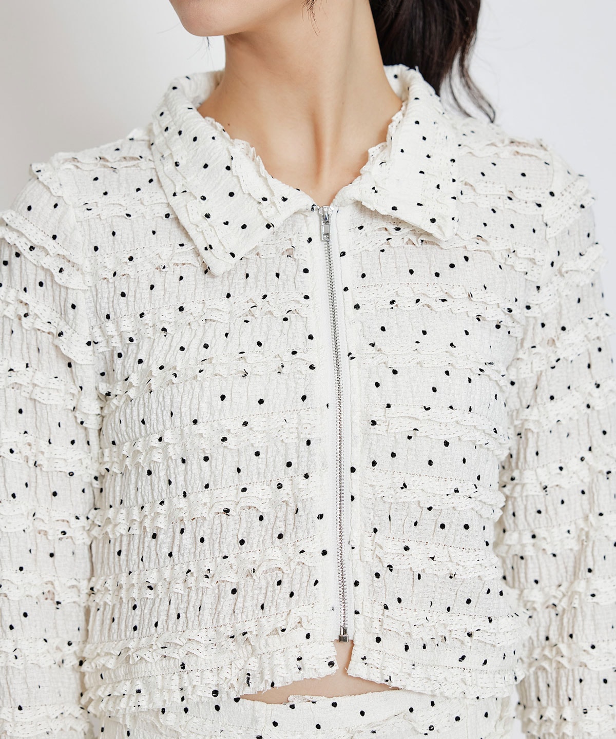 ミニフリルZIPブラウス×ミニフリルフレアロングスカートセットアップ