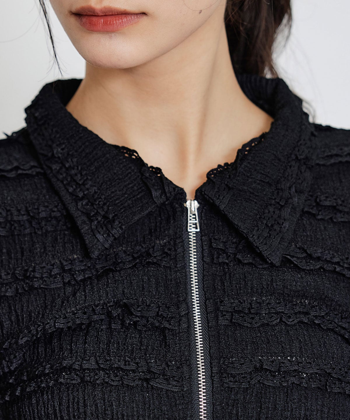 ミニフリルZIPブラウス×ミニフリルフレアロングスカートセットアップ