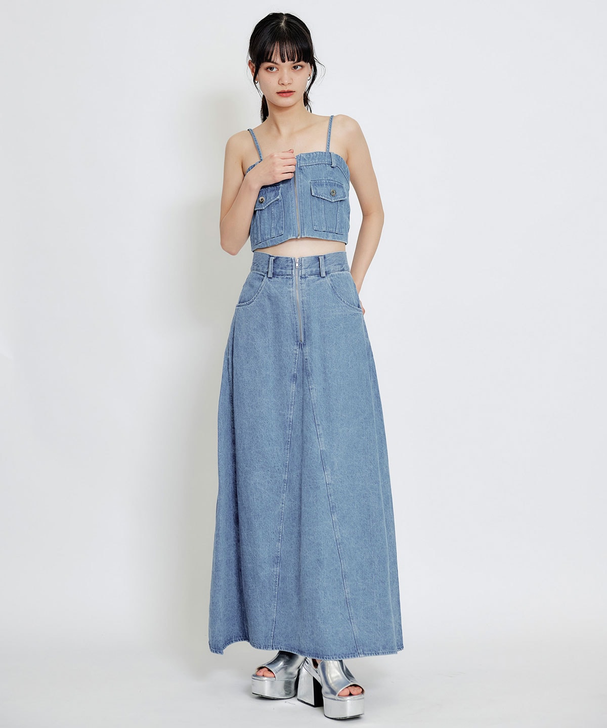 【Chemical Wash Series】ケミカルウォッシュデニムショートビスチェ×ZIPフレアロングスカート