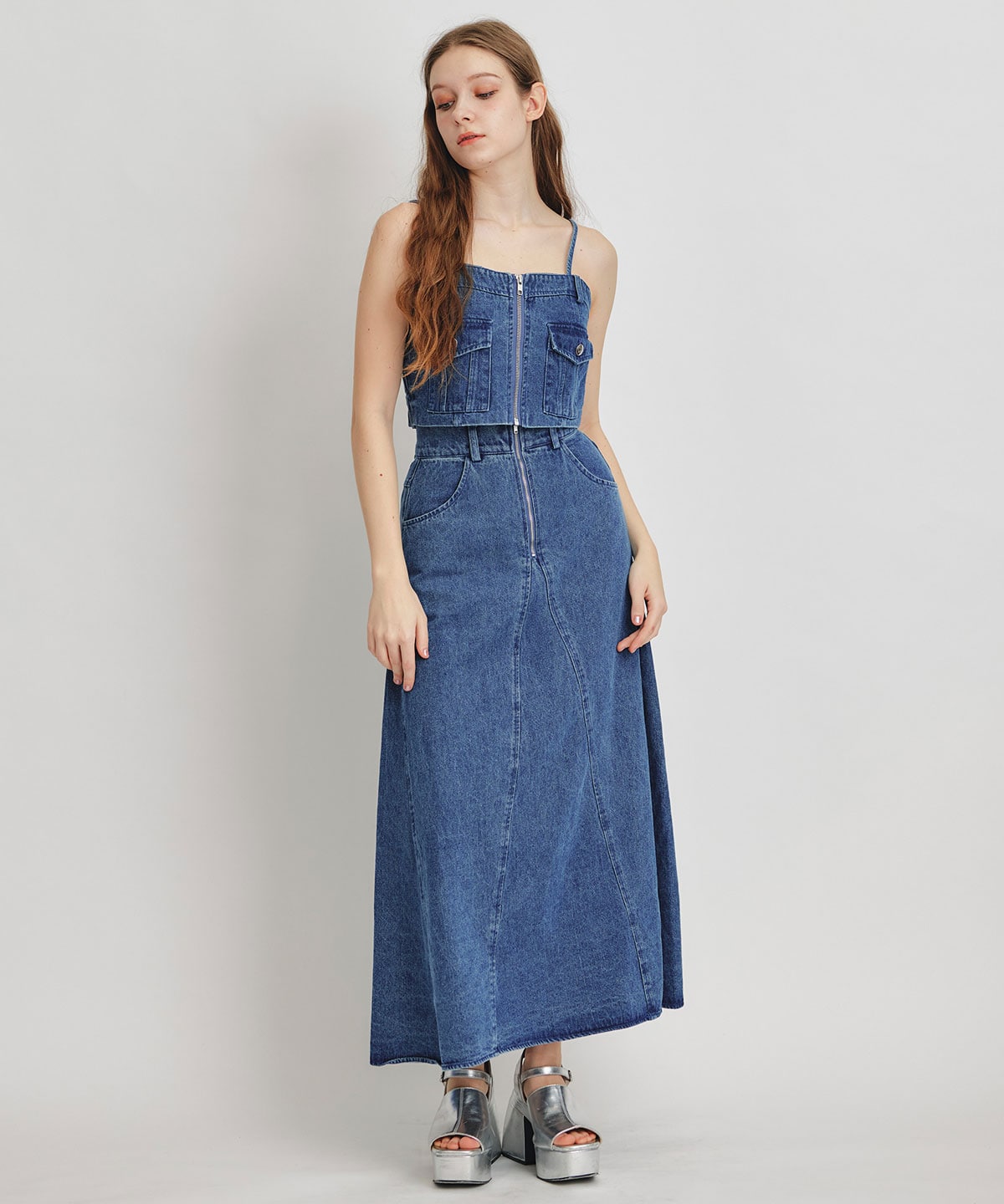 【Chemical Wash Series】ケミカルウォッシュデニムショートビスチェ×ZIPフレアロングスカート