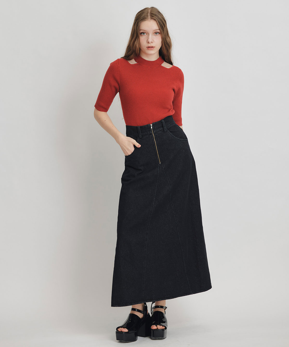 【Chemical Wash Series】ケミカルウォッシュデニムショートビスチェ×ZIPフレアロングスカート