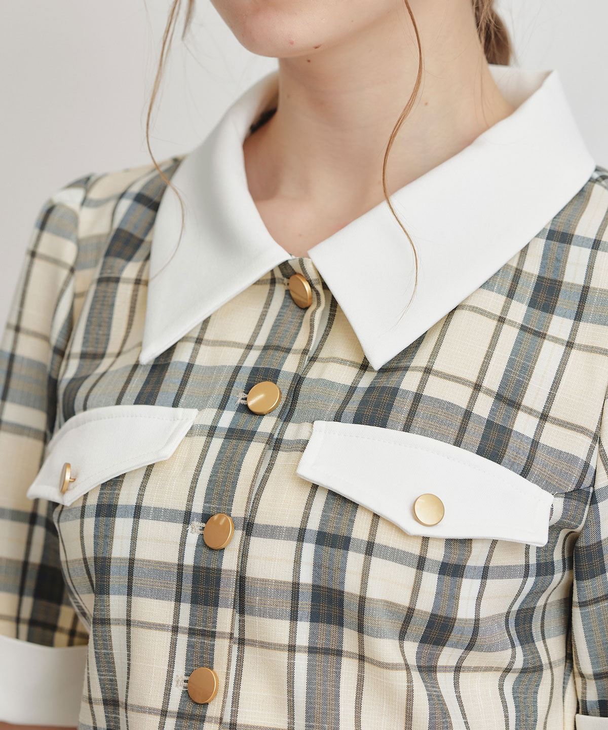 バイカラーチェックブラウス×フレアロングスカートセットアップ