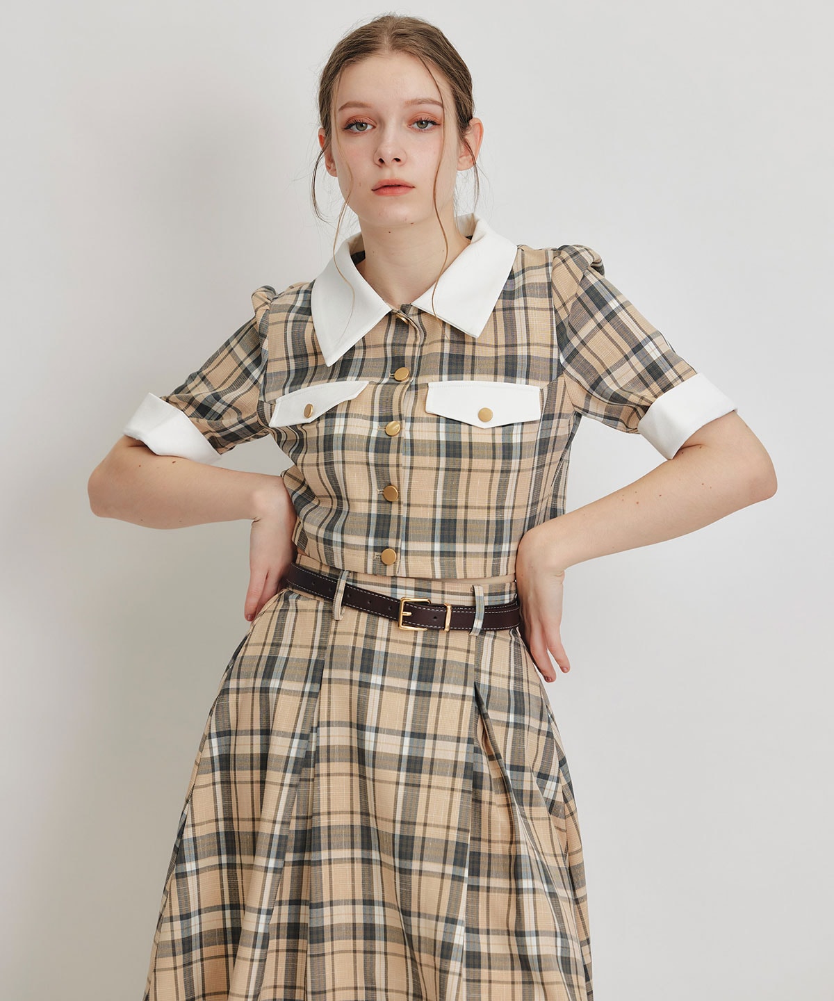 バイカラーチェックブラウス×フレアロングスカートセットアップ