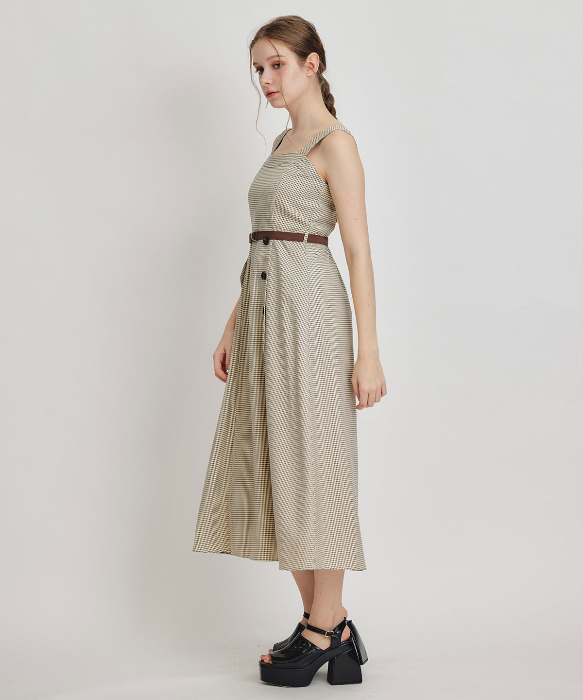チェックショートジャケットｘアクセントベルトフレアロングワンピースセットアップ