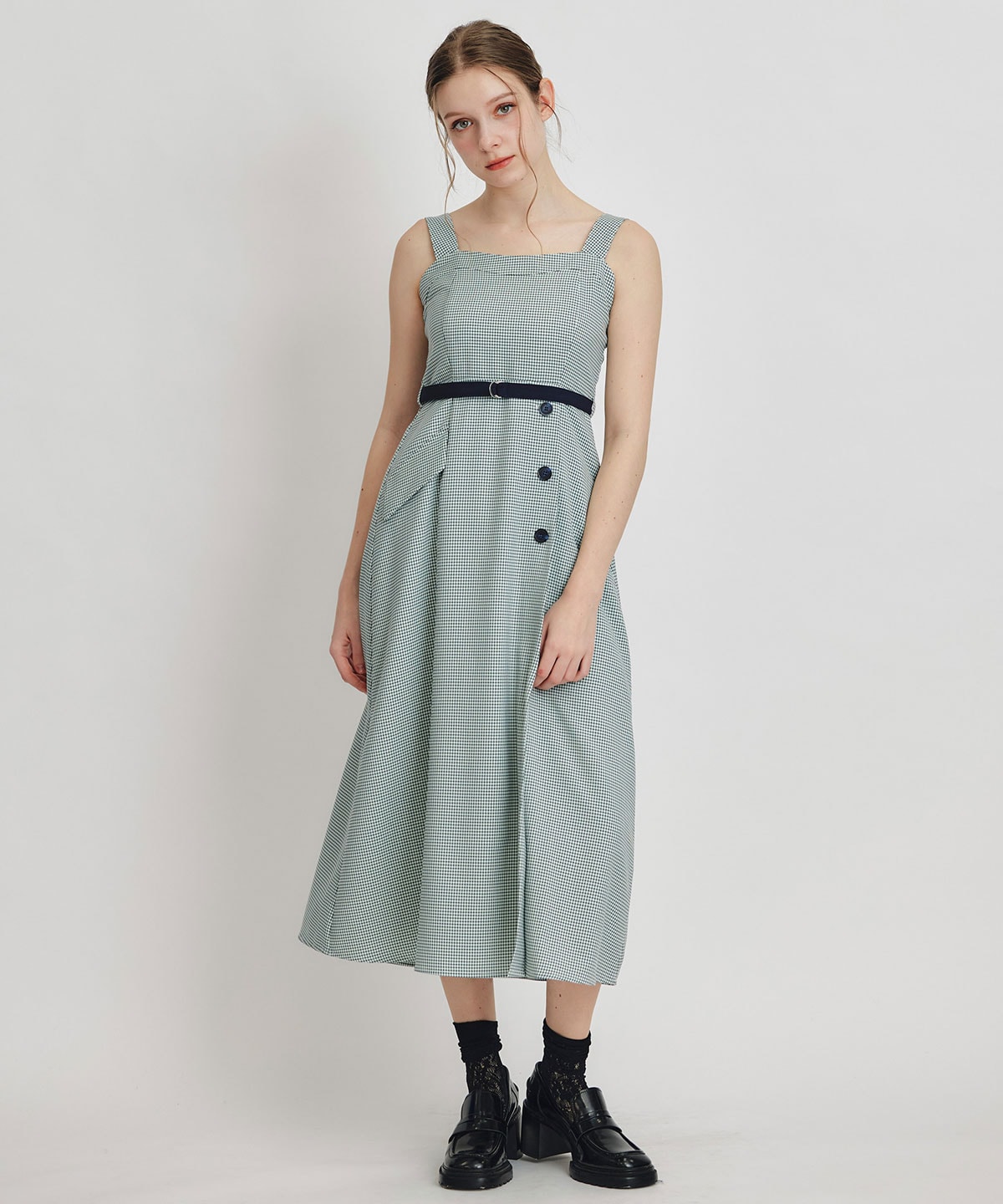 チェックショートジャケットｘアクセントベルトフレアロングワンピースセットアップ