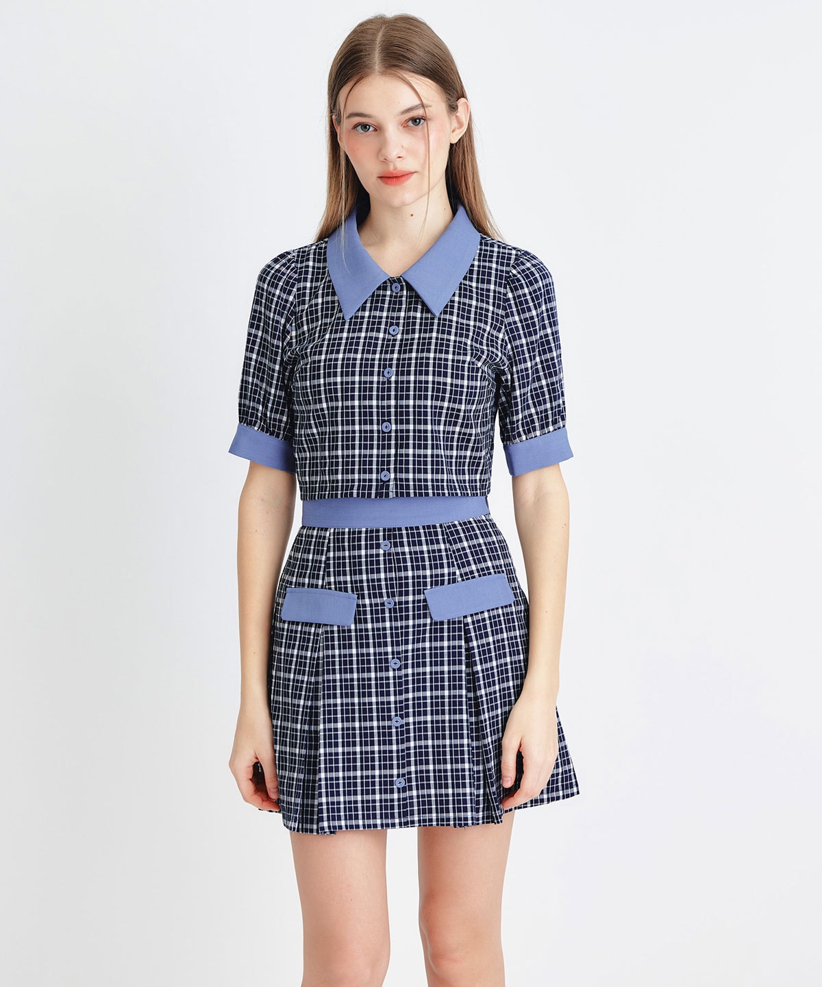 プレッピーネクタイチェックブラウス×プリーツミニスカートセットアップ