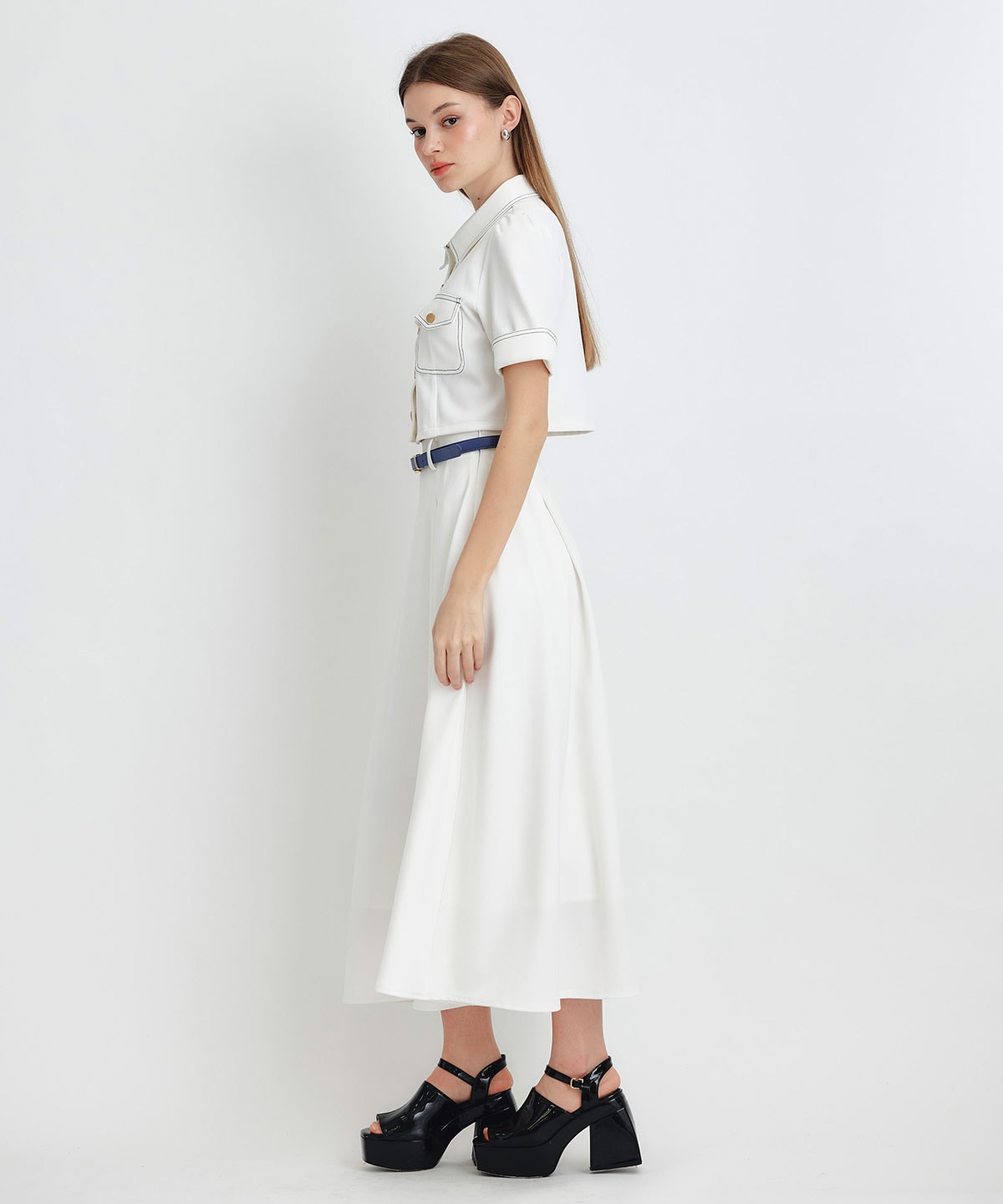 ショートジャケット×フレアロングスカートセットアップ