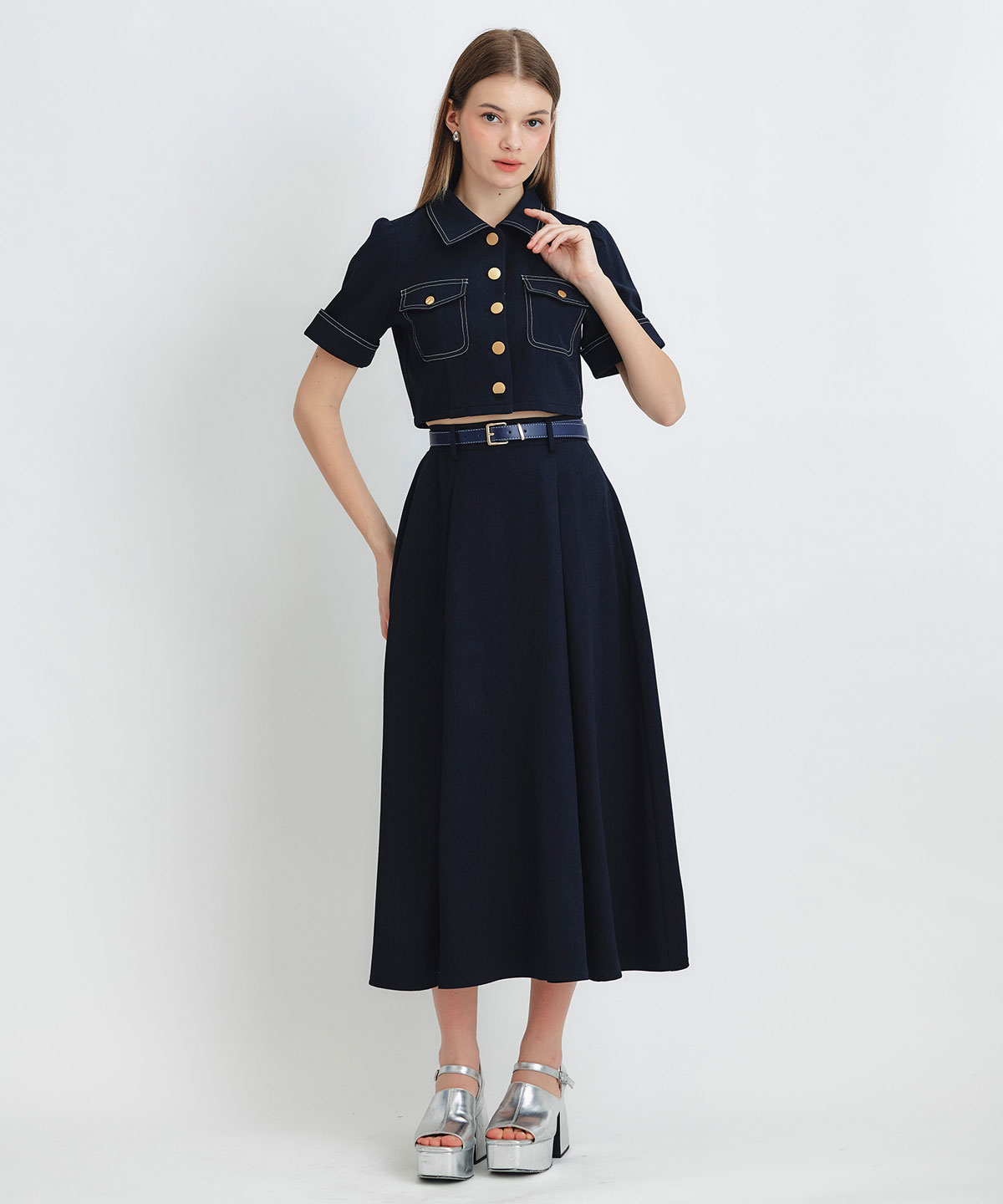 ショートジャケット×フレアロングスカートセットアップ