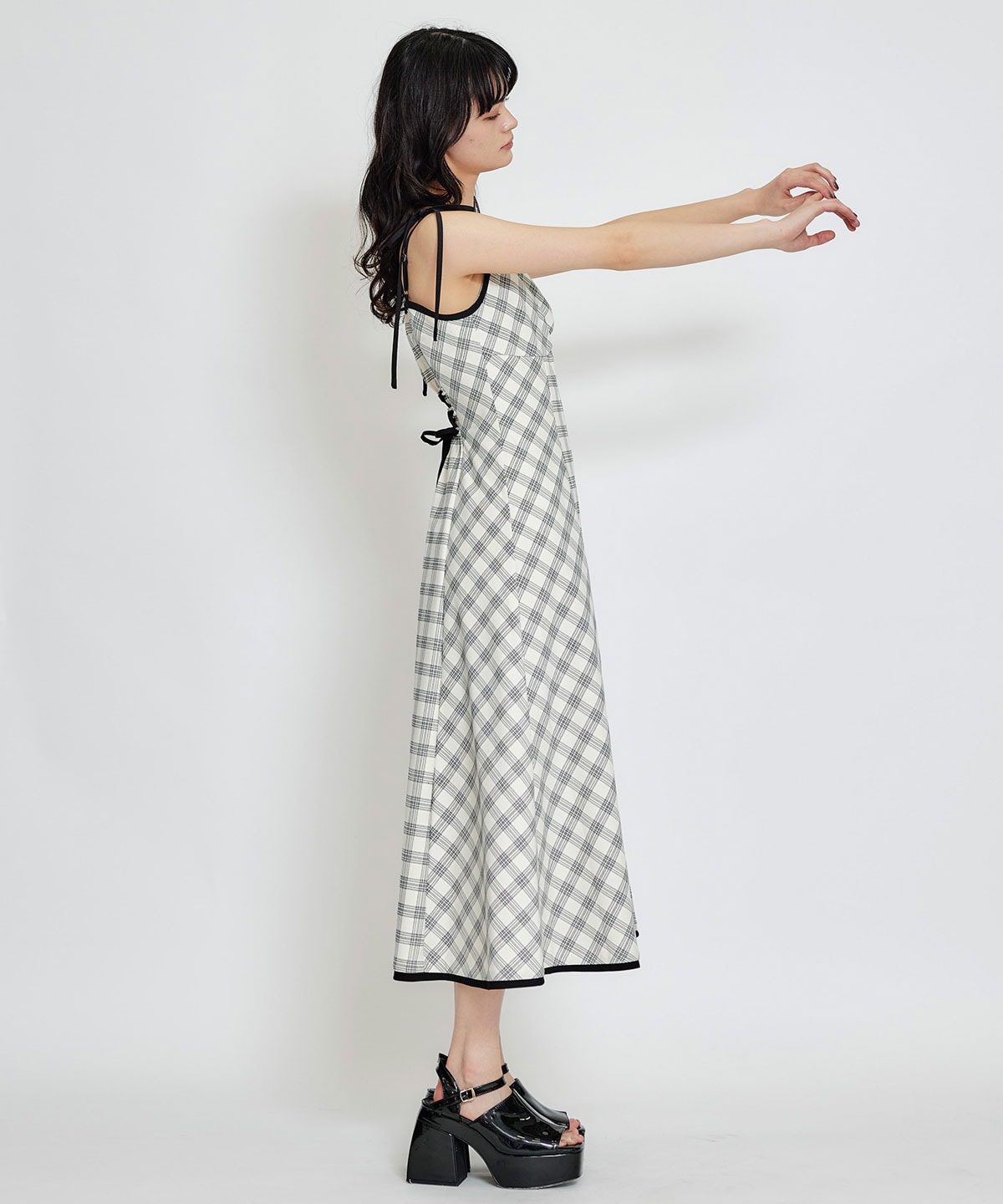 パイピングリボンキャミソールチェックフレアロングワンピース