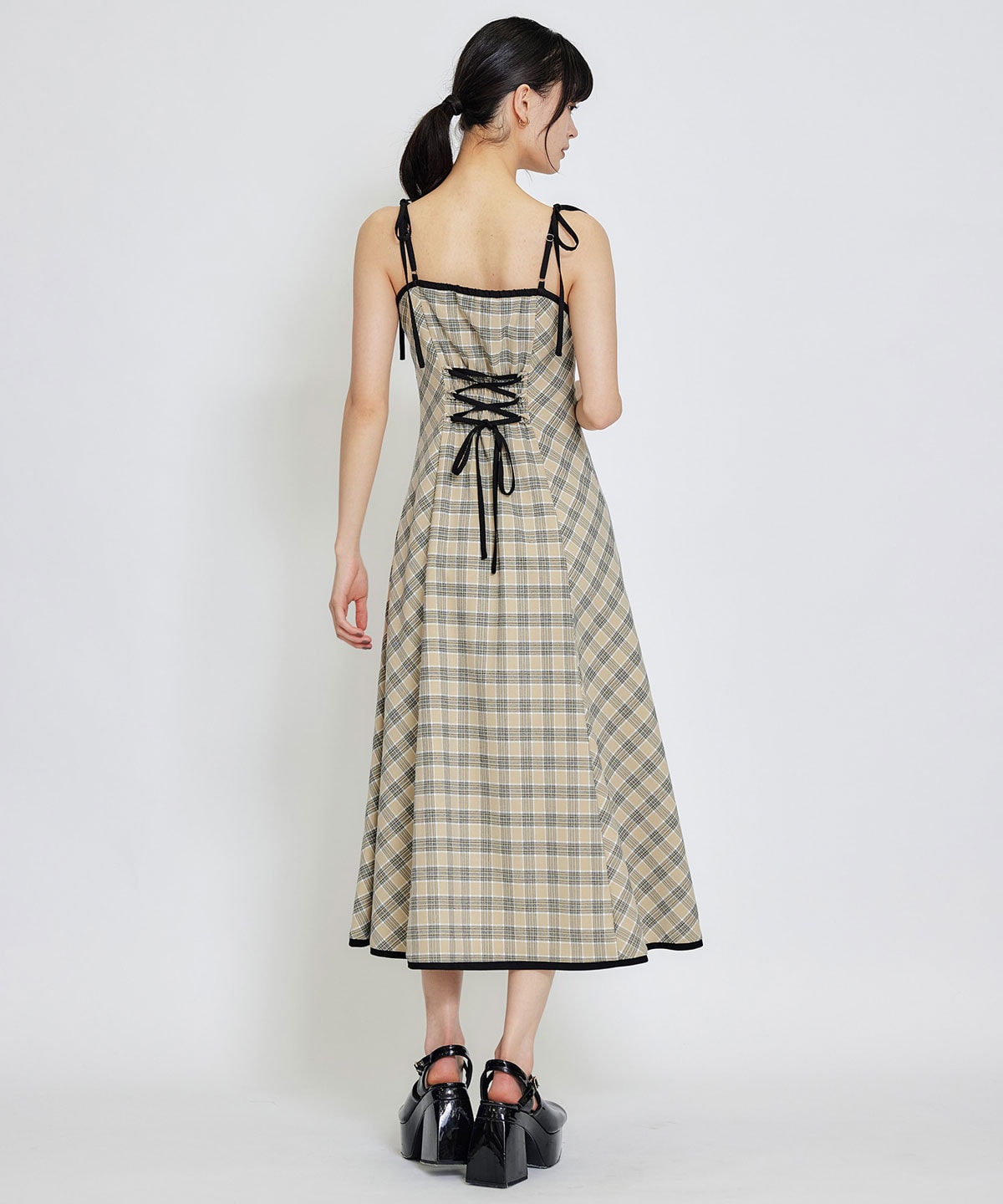 パイピングリボンキャミソールチェックフレアロングワンピース