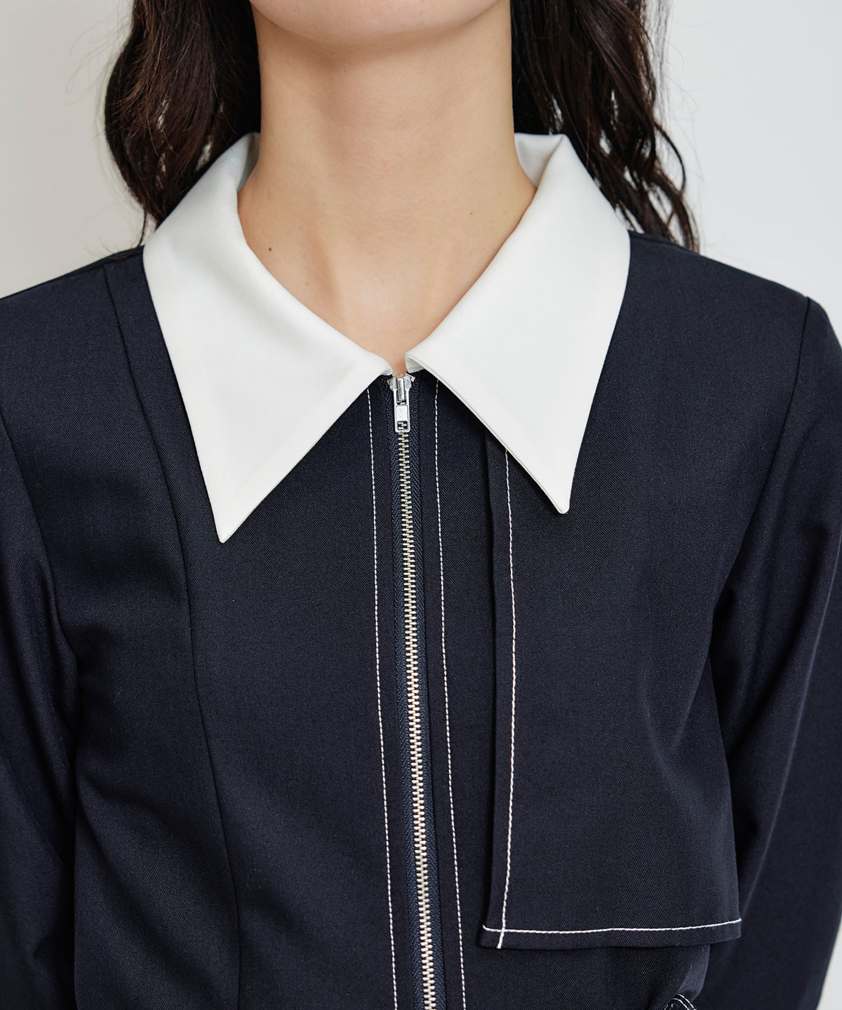 フロントZIPバイカラーロングシャツワンピース