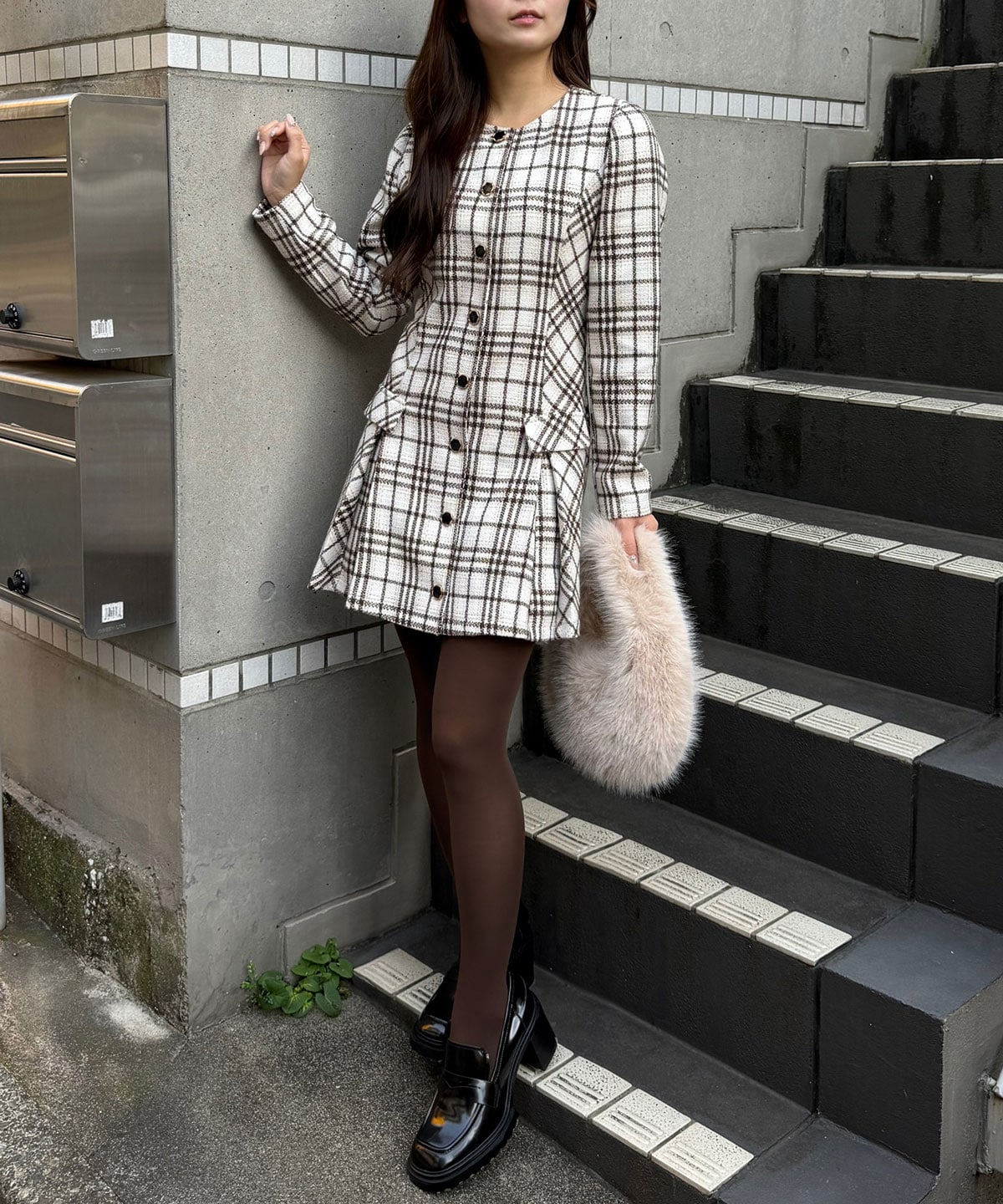 バイアスチェックツイードミニワンピース