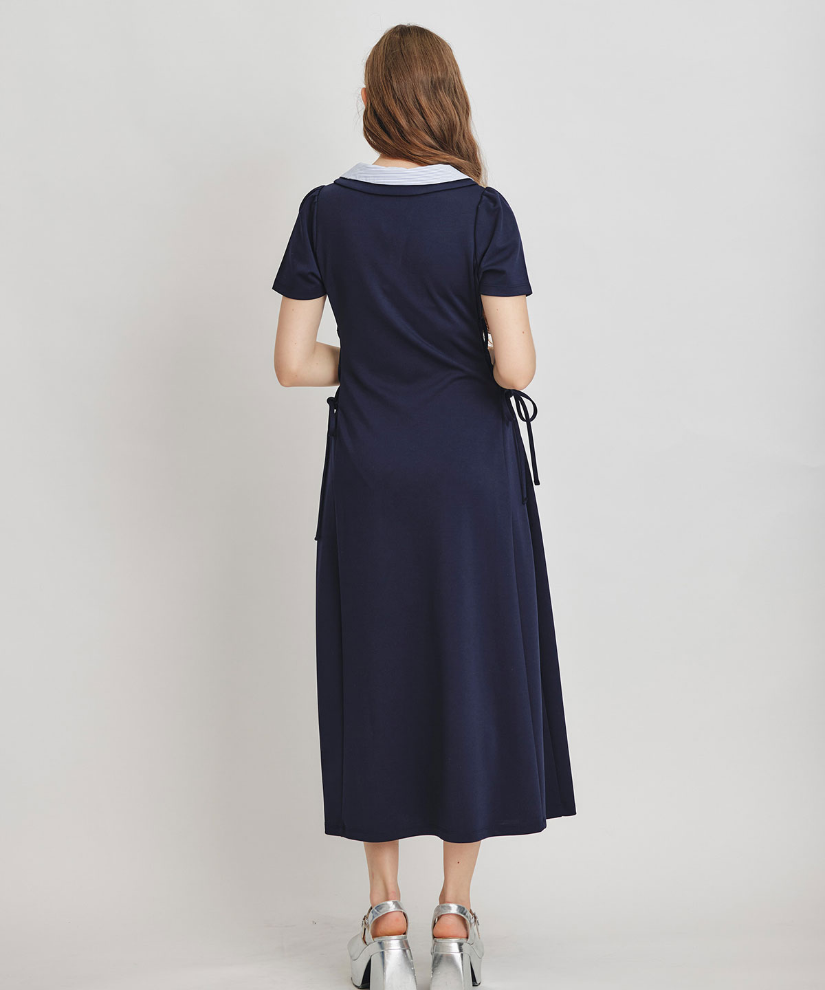 ポロカットレースアップフレアロングワンピース