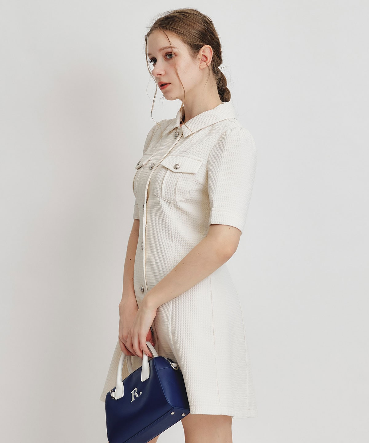 エンブレムボタンワッフルミニシャツワンピース