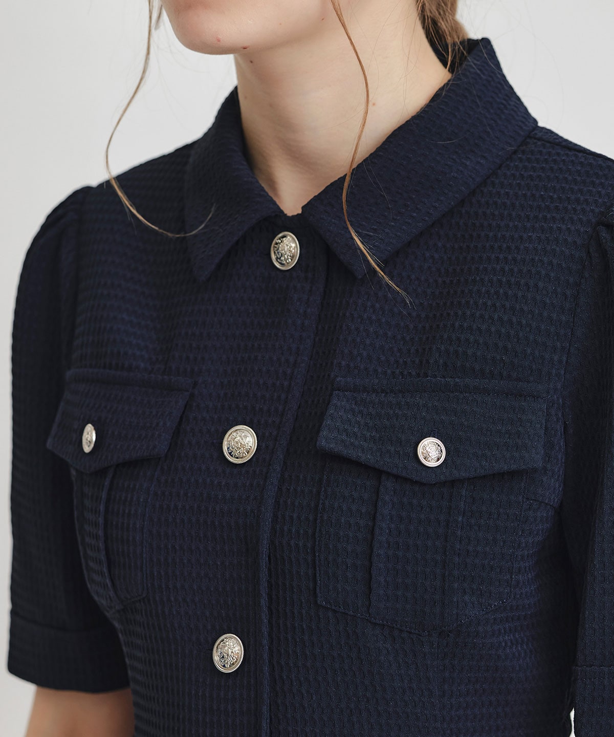 エンブレムボタンワッフルミニシャツワンピース