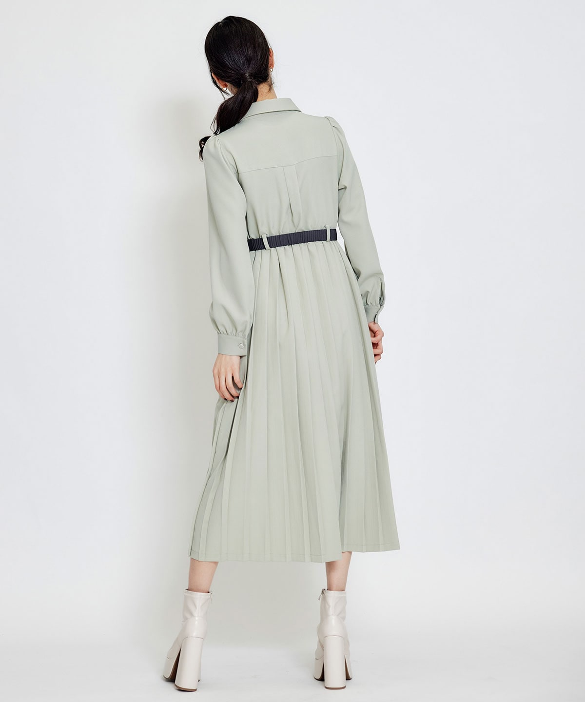 リボンタイプリーツロングシャツワンピース