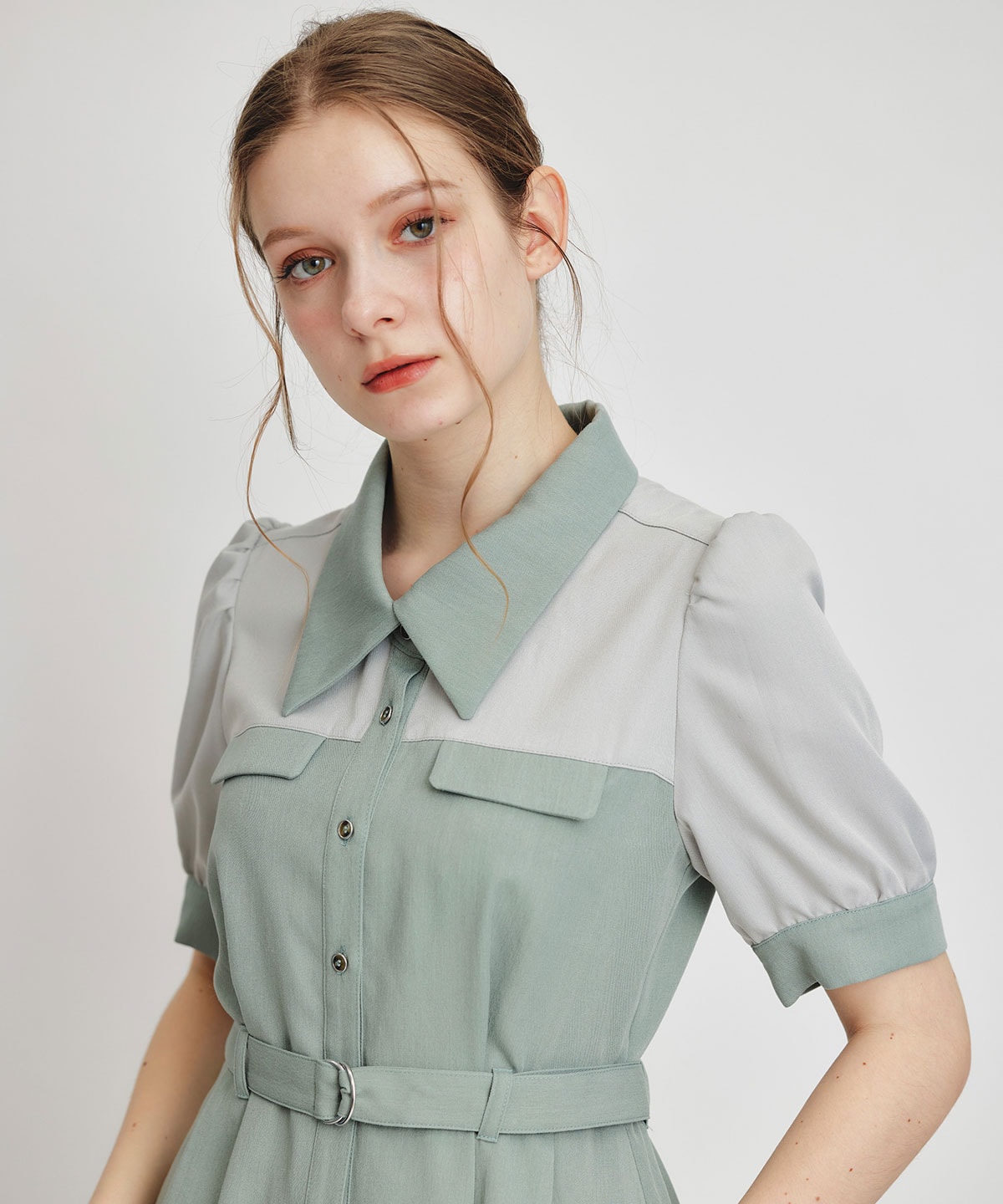 コントラストカラーシャツフレアロングワンピース