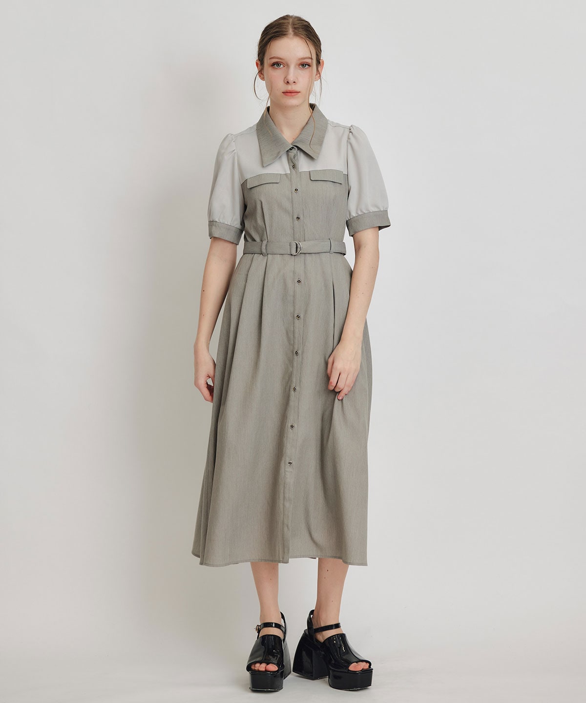 コントラストカラーシャツフレアロングワンピース