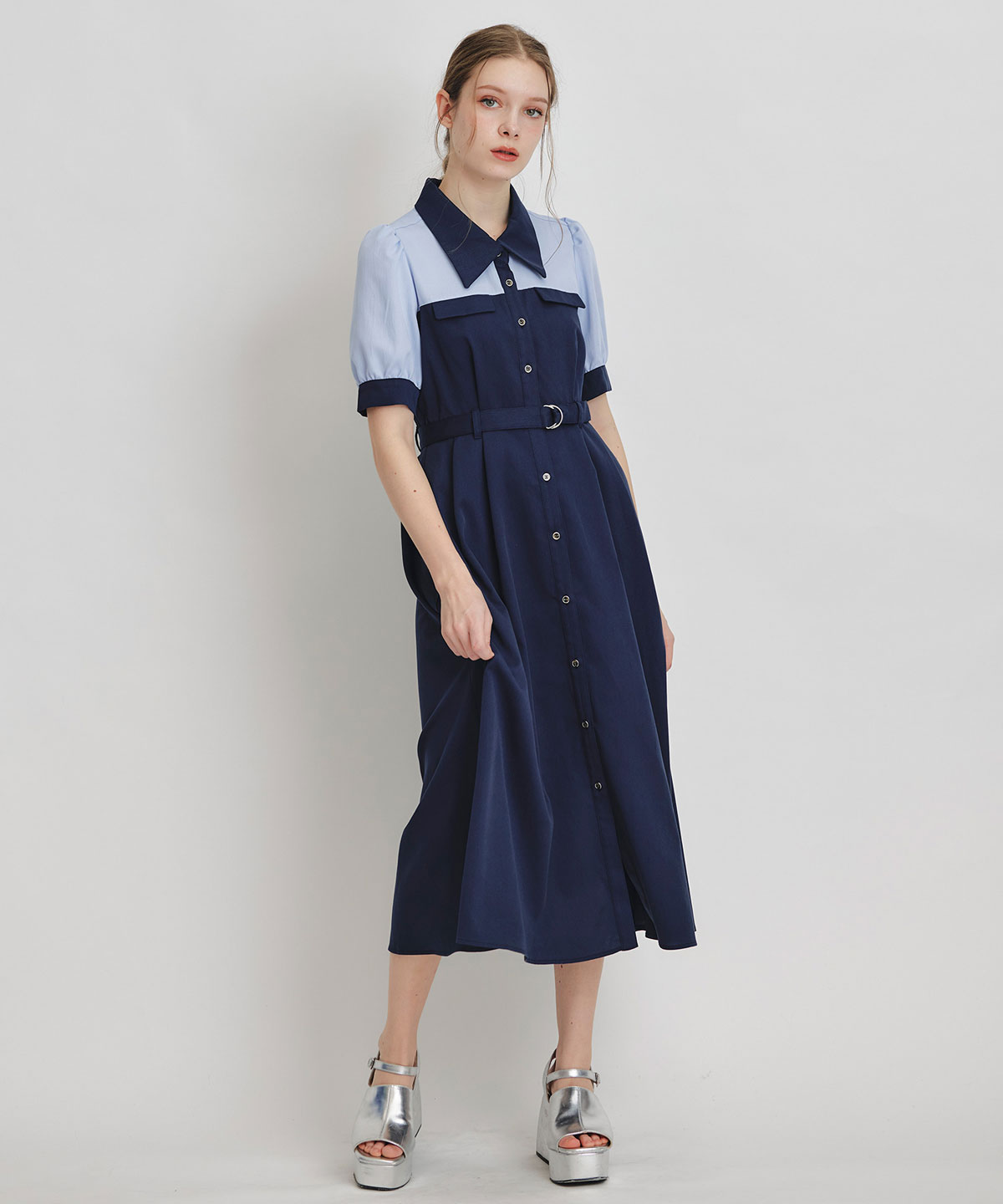 コントラストカラーシャツフレアロングワンピース