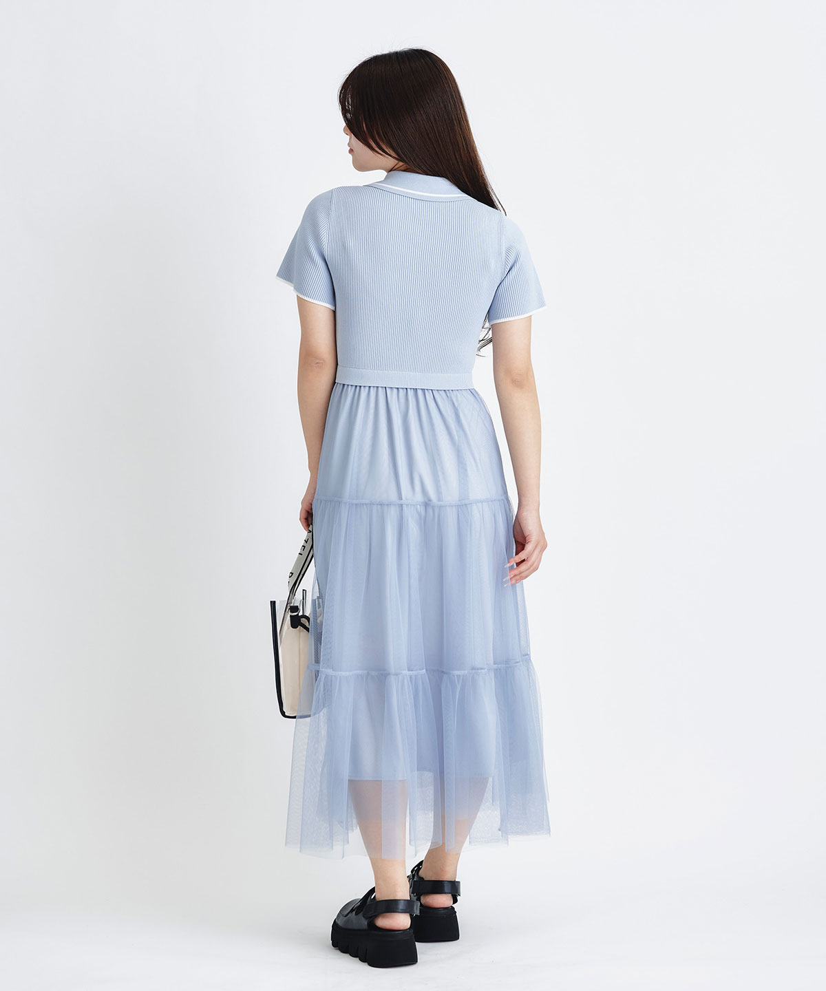 ポロニットチュールティアードドッキングロングワンピース