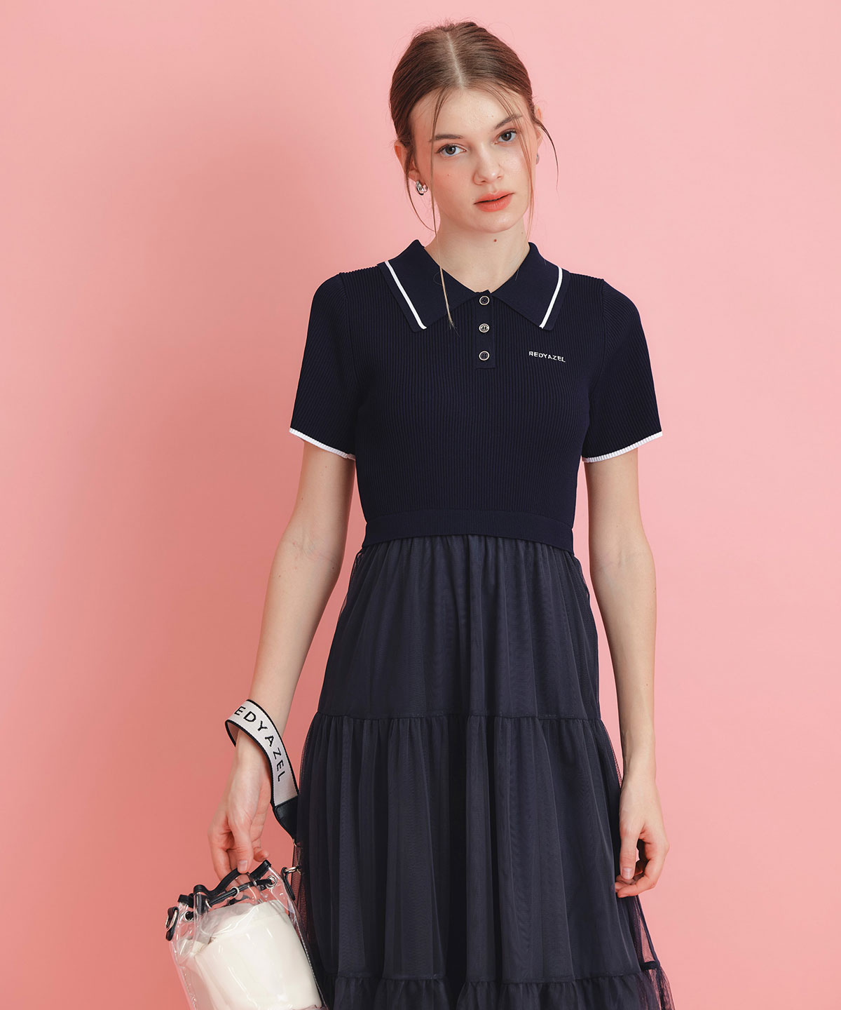 ポロニットチュールティアードドッキングロングワンピース