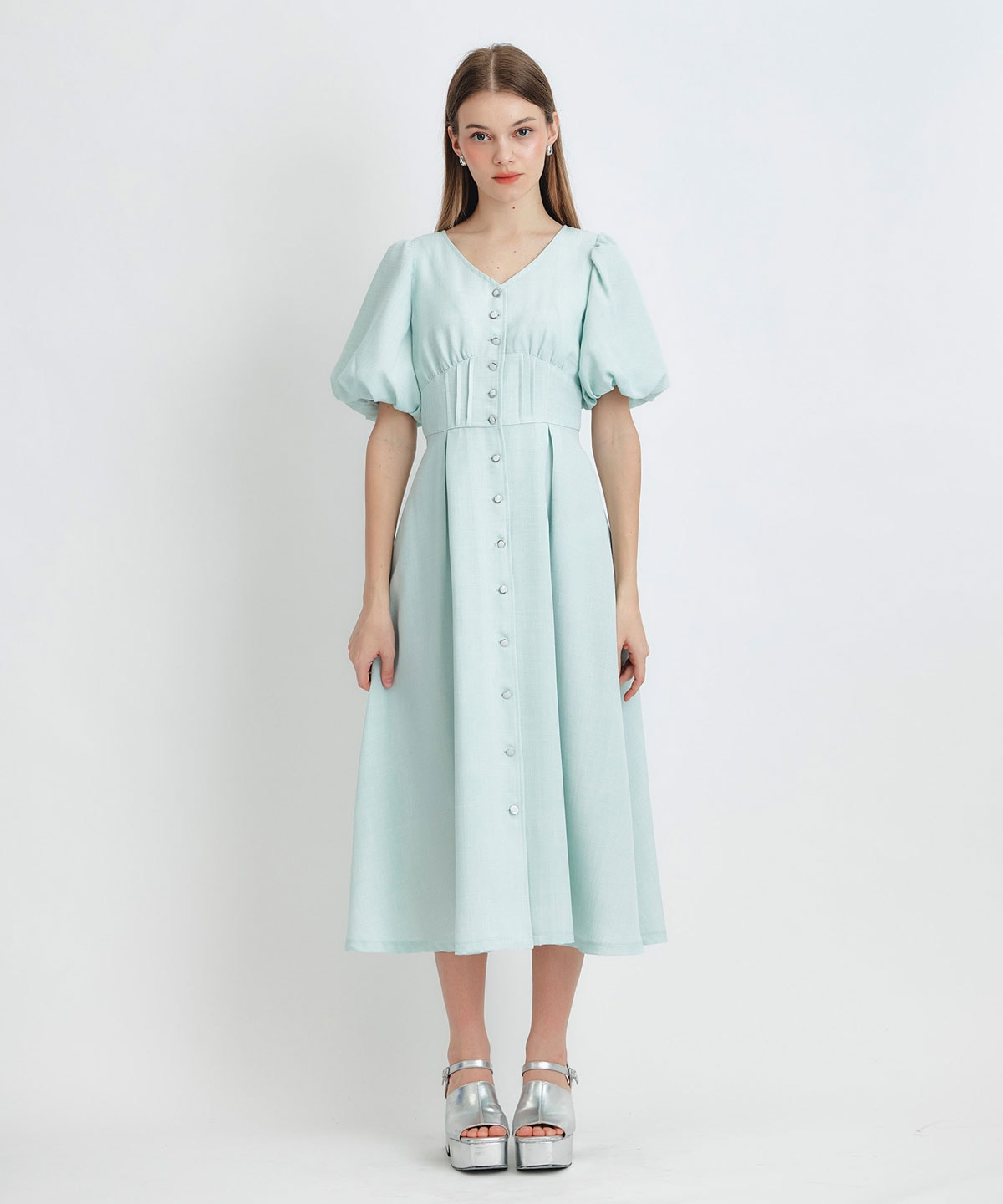 コルセットバルーンスリーブフレアロングワンピース