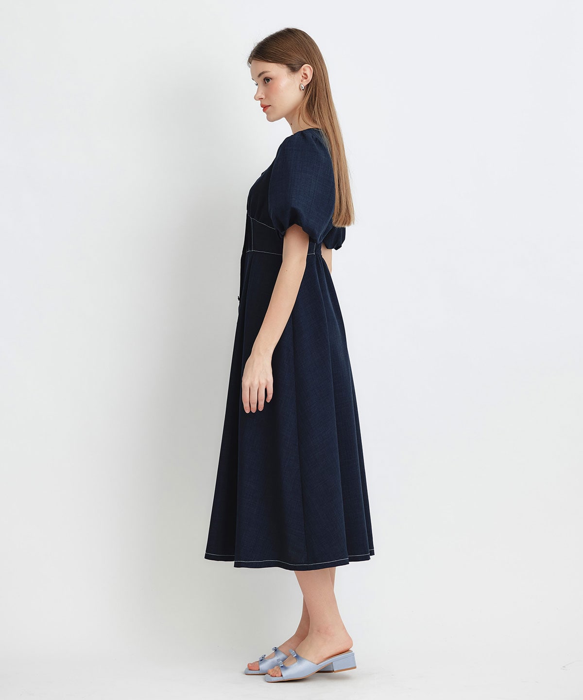 コルセットバルーンスリーブフレアロングワンピース